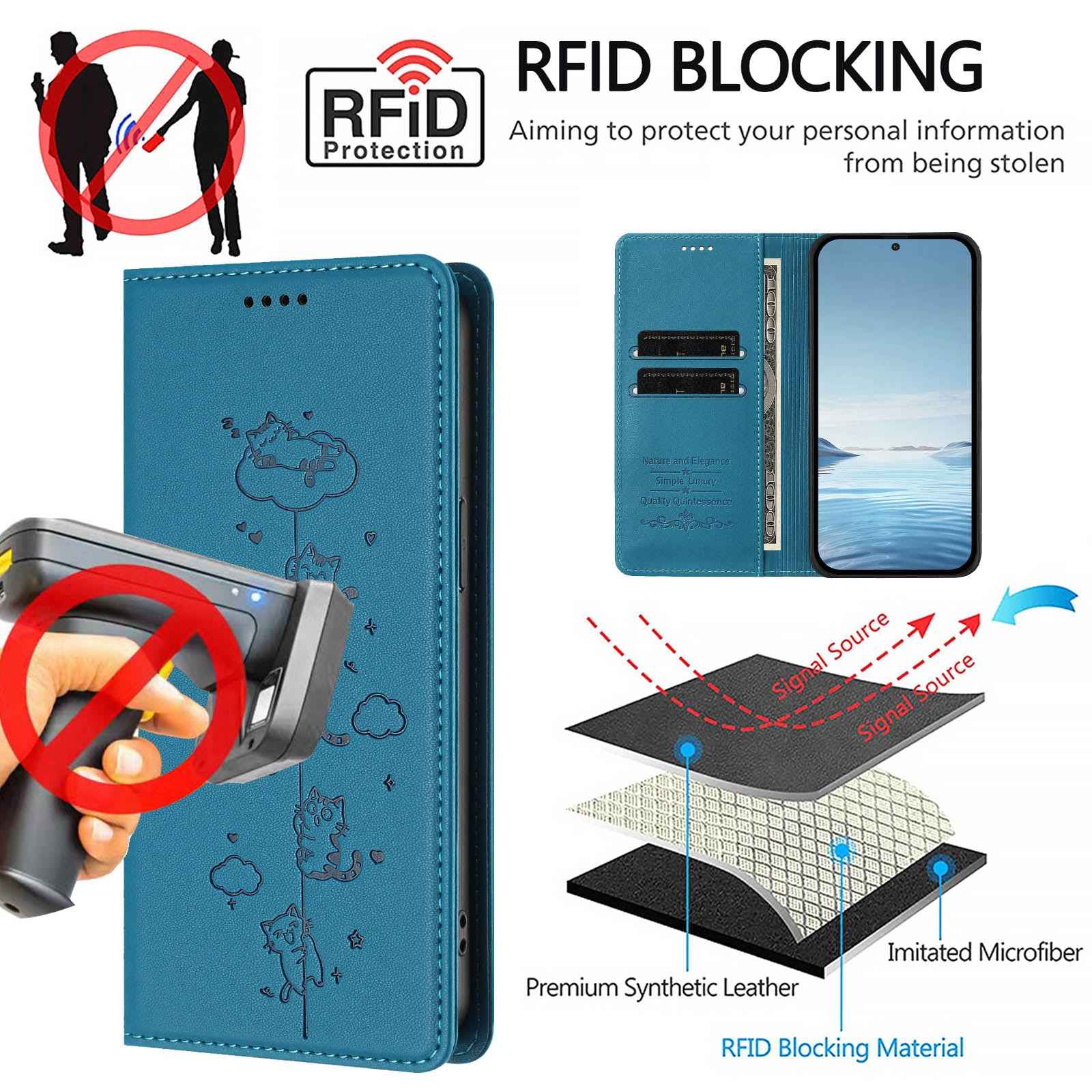 For Samsung Galaxy A57 5G Case RFID Blocking Wallet Stand Imprinted Cat Pattern Leather Phone Cover - Lake Blue