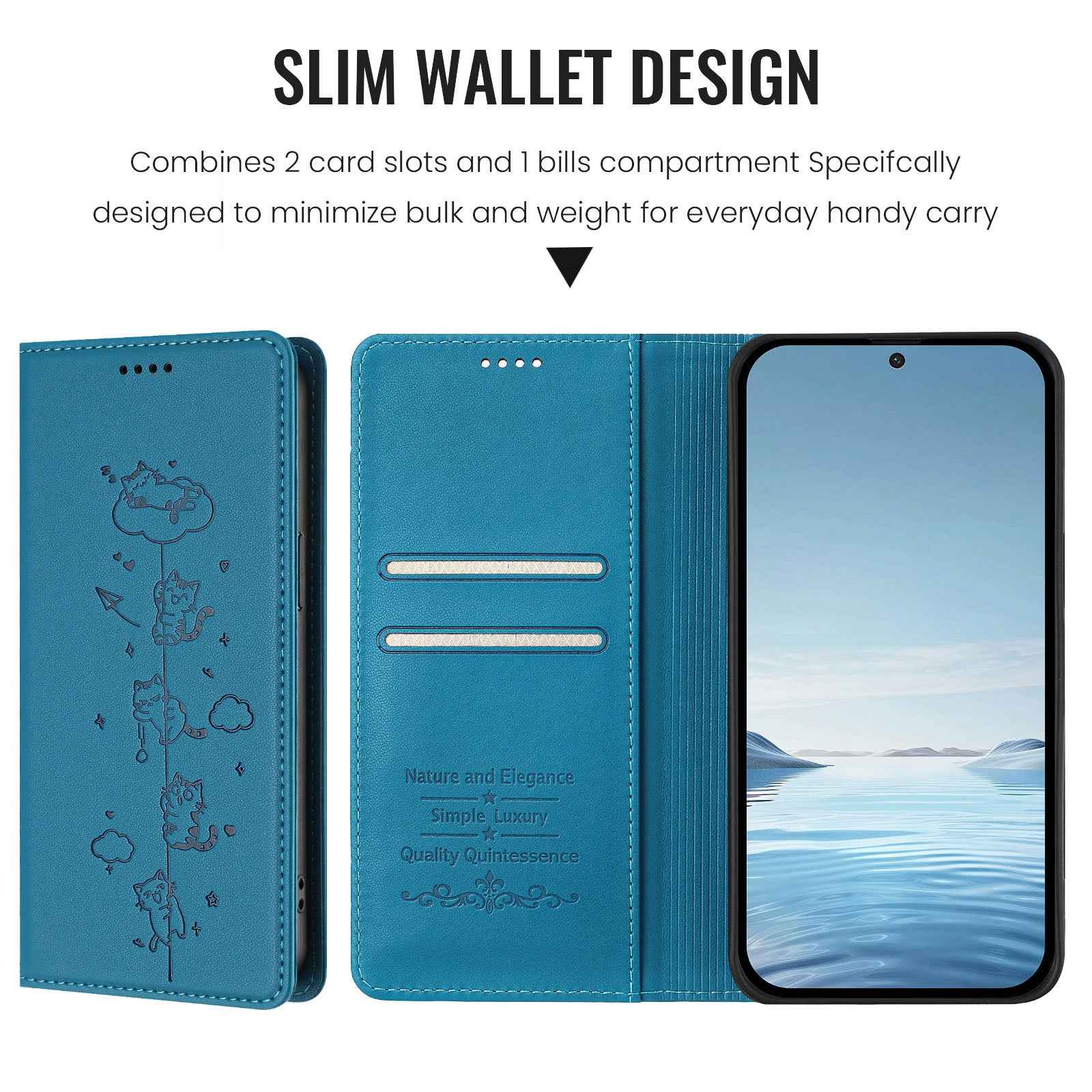 For Samsung Galaxy A57 5G Case RFID Blocking Wallet Stand Imprinted Cat Pattern Leather Phone Cover - Lake Blue