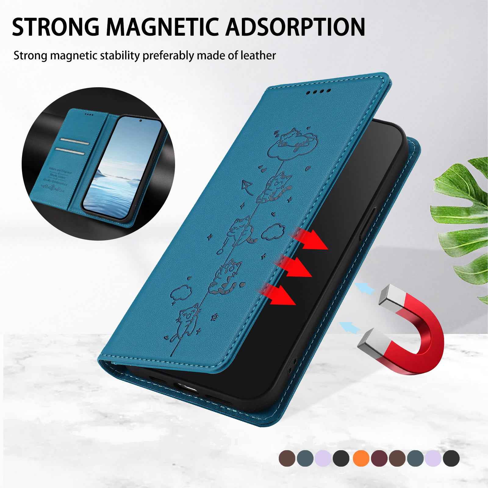 For Samsung Galaxy A57 5G Case RFID Blocking Wallet Stand Imprinted Cat Pattern Leather Phone Cover - Lake Blue