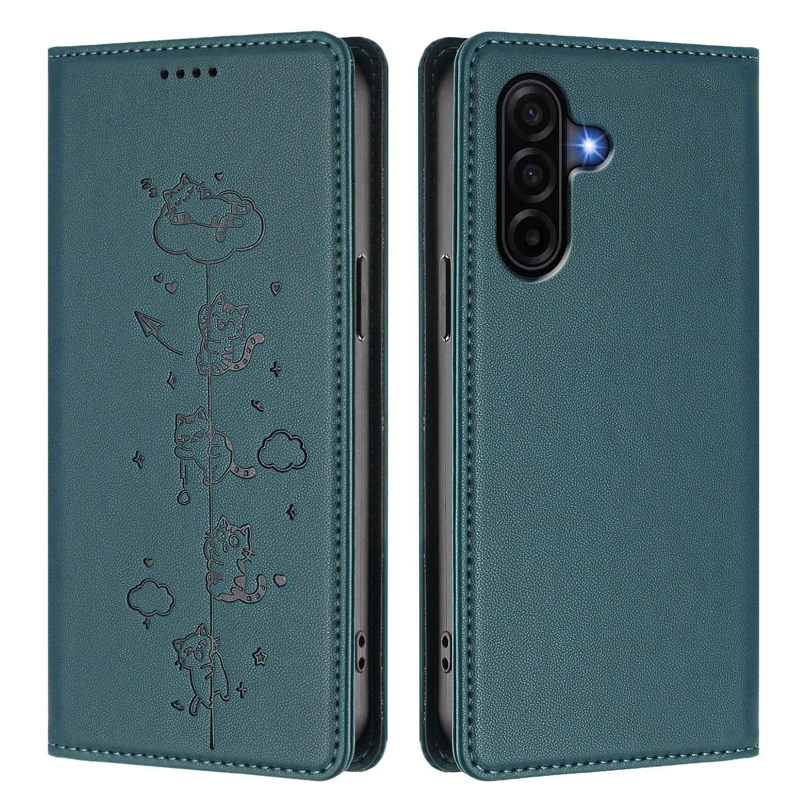 For Samsung Galaxy A57 5G Case RFID Blocking Wallet Stand Imprinted Cat Pattern Leather Phone Cover - Green
