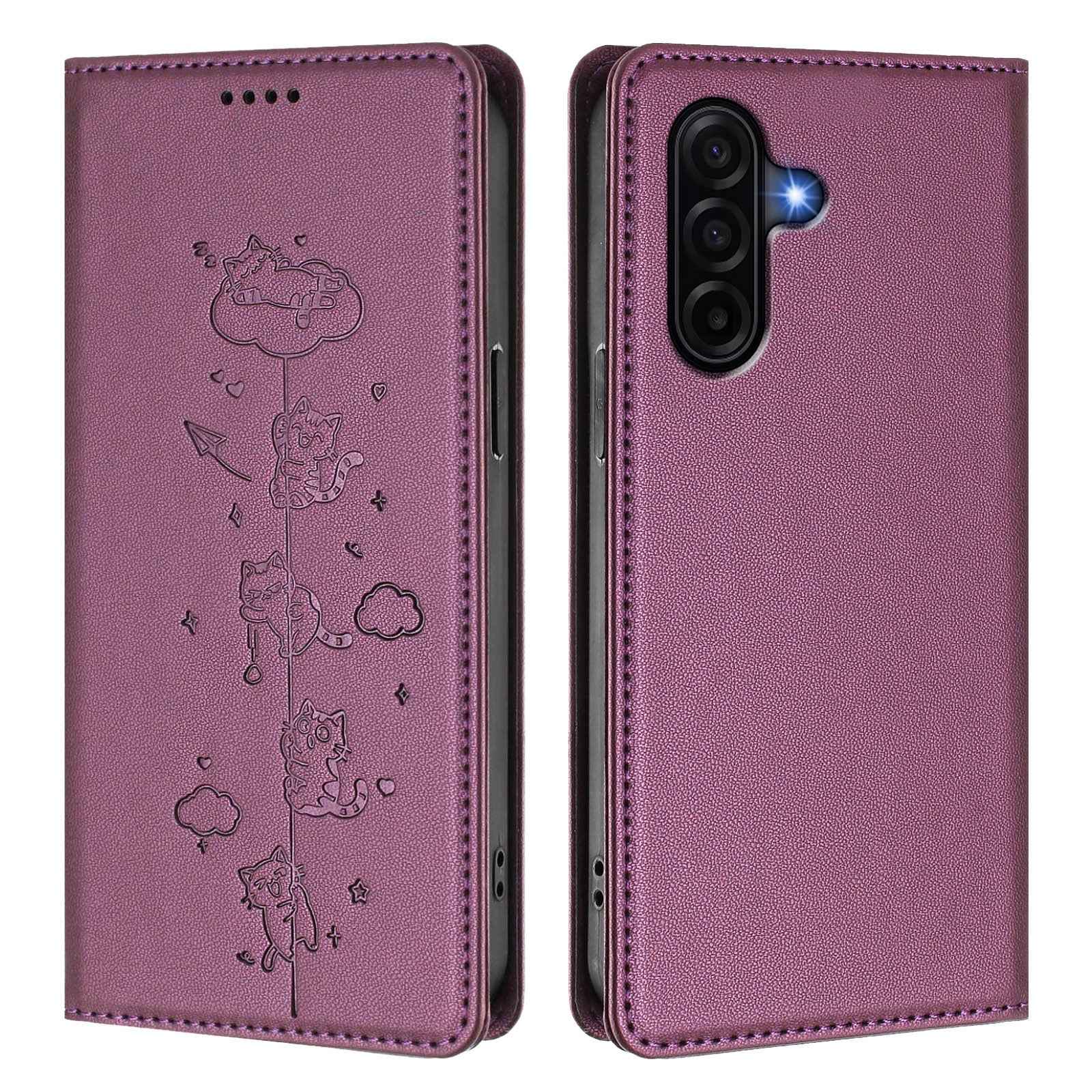 For Samsung Galaxy A57 5G Case RFID Blocking Wallet Stand Imprinted Cat Pattern Leather Phone Cover - Purple