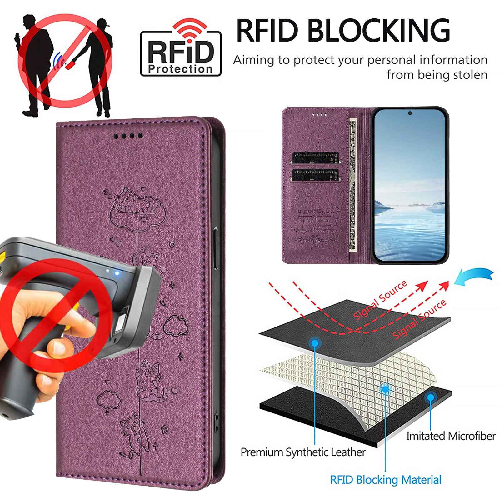 For Samsung Galaxy A57 5G Case RFID Blocking Wallet Stand Imprinted Cat Pattern Leather Phone Cover - Purple