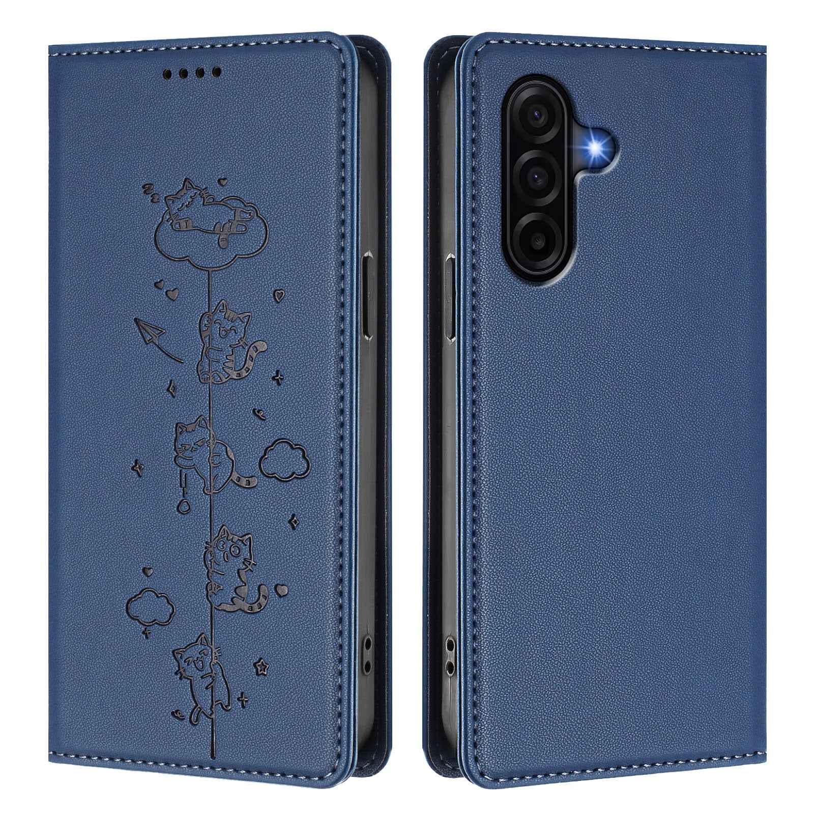 For Samsung Galaxy A57 5G Case RFID Blocking Wallet Stand Imprinted Cat Pattern Leather Phone Cover - Dark Blue