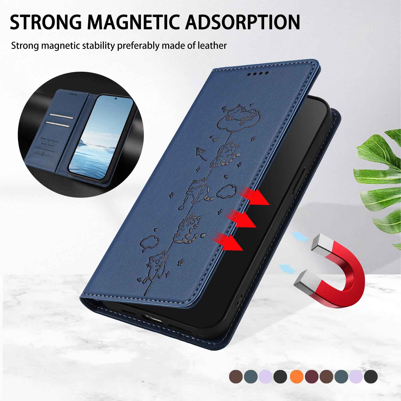 For Samsung Galaxy A57 5G Case RFID Blocking Wallet Stand Imprinted Cat Pattern Leather Phone Cover - Dark Blue