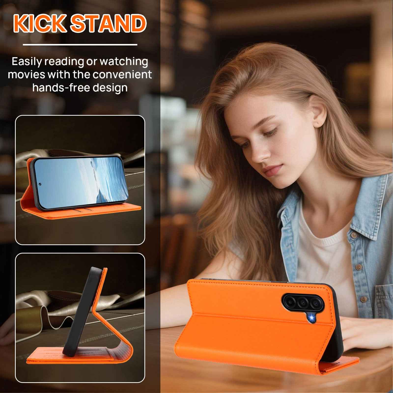 For Samsung Galaxy A57 5G Leather Wallet Case Magnetic Closure RFID Blocking Phone Cover - Orange