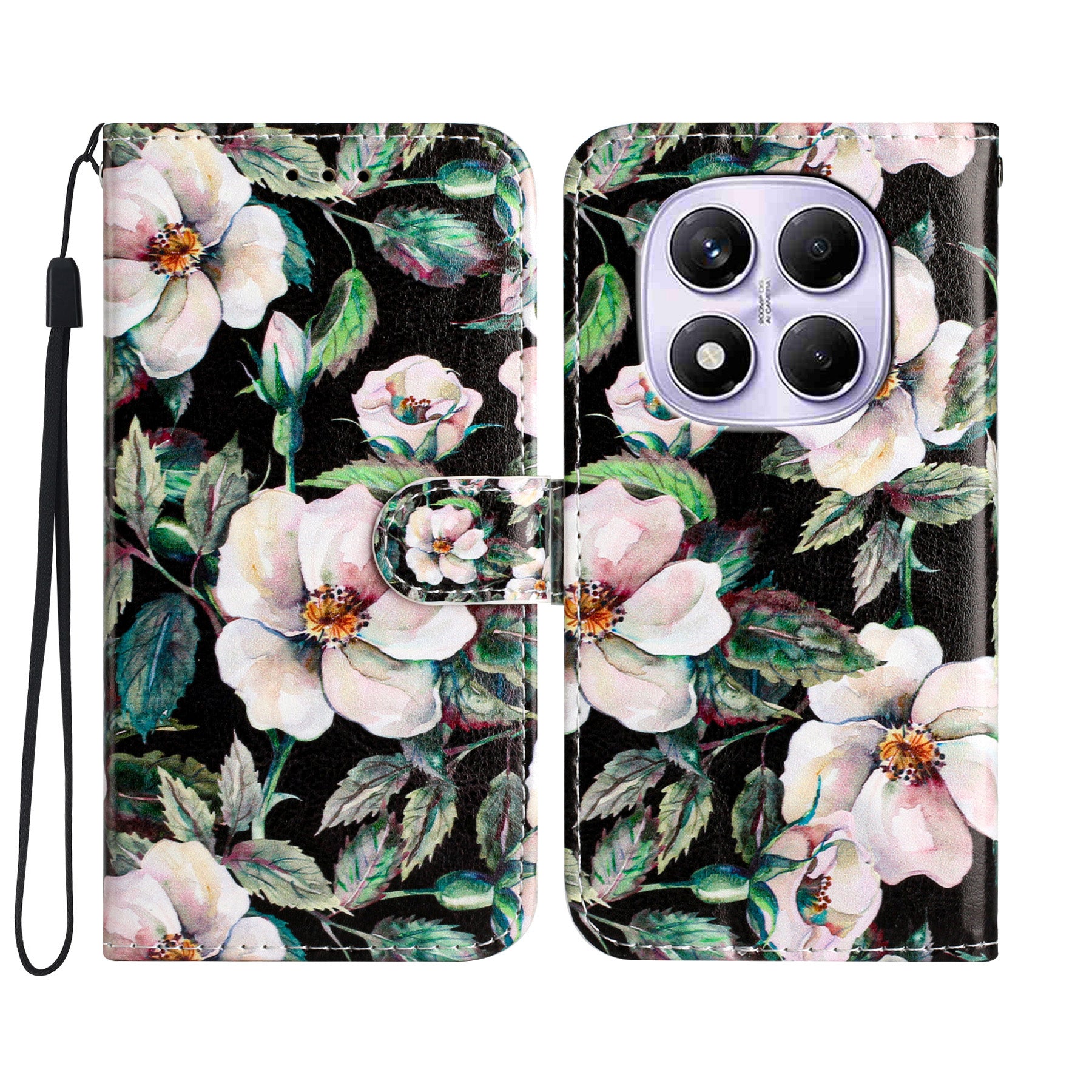 For Xiaomi Poco M8 Pro 5G / Xiaomi Redmi Note 15 Pro+ 5G (Global) Wallet Case  Printed Pattern PU Leather Stand Phone Cover with Strap - Magnolia