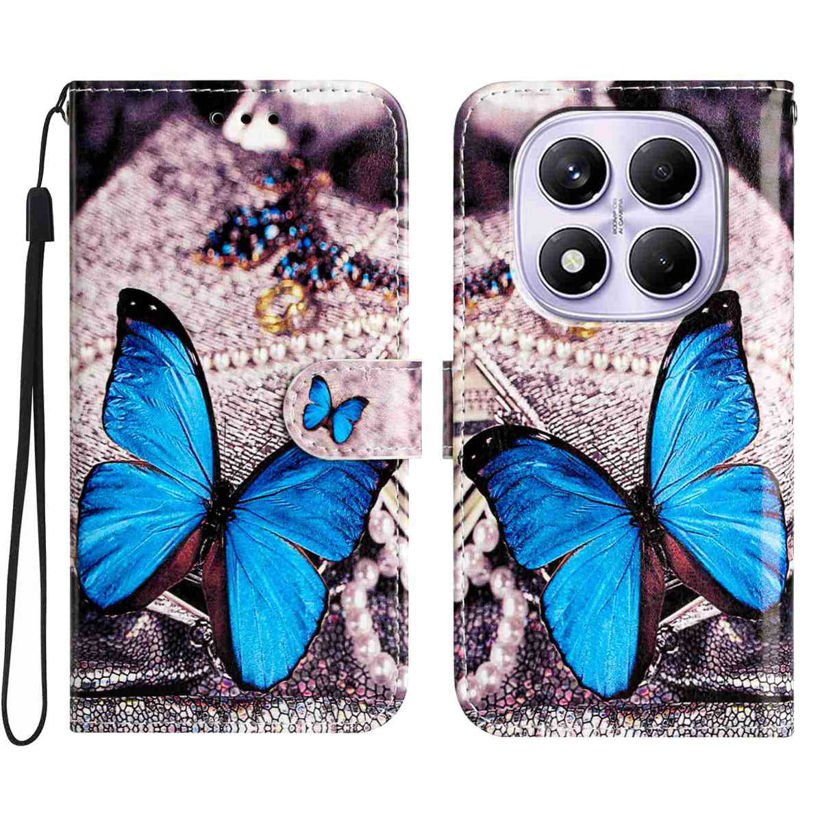 For Xiaomi Redmi Note 15 Pro 4G (Global) Wallet Case  Printed Pattern PU Leather Stand Phone Cover with Strap - Blue Butterfly