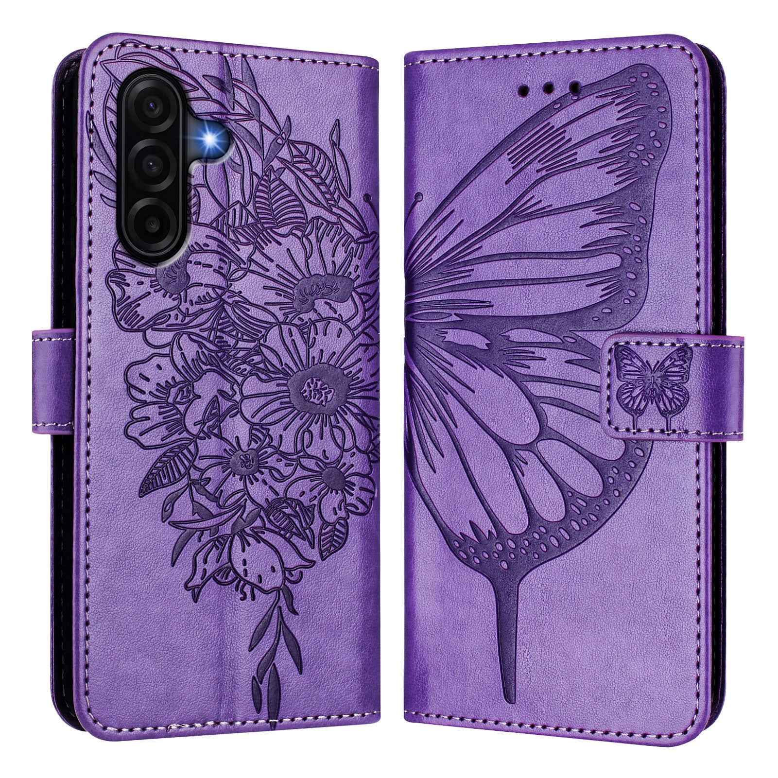For Samsung Galaxy A57 5G Wallet Case with Wrist Strap Butterfly Imprint Leather Phone Cover - Purple