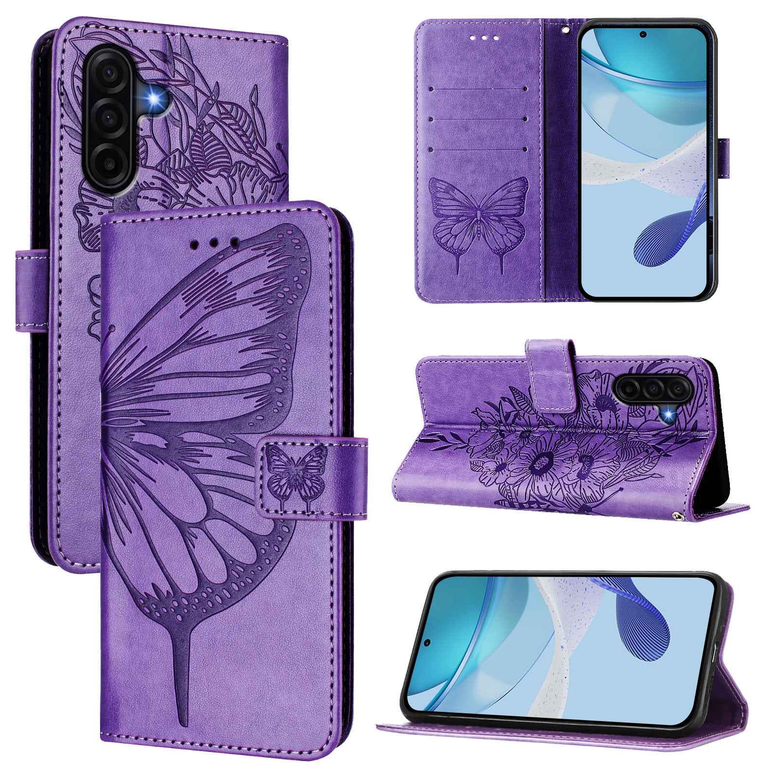 For Samsung Galaxy A57 5G Wallet Case with Wrist Strap Butterfly Imprint Leather Phone Cover - Purple