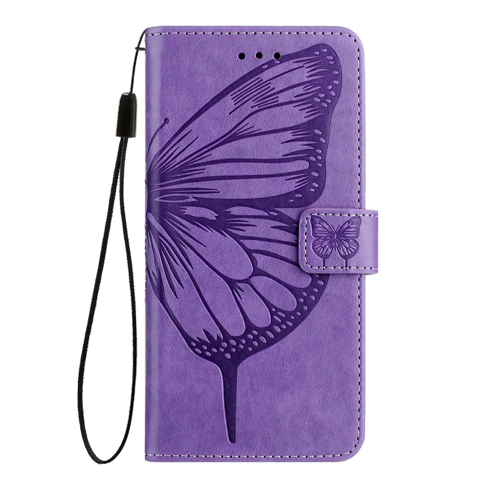 For Samsung Galaxy A57 5G Wallet Case with Wrist Strap Butterfly Imprint Leather Phone Cover - Purple