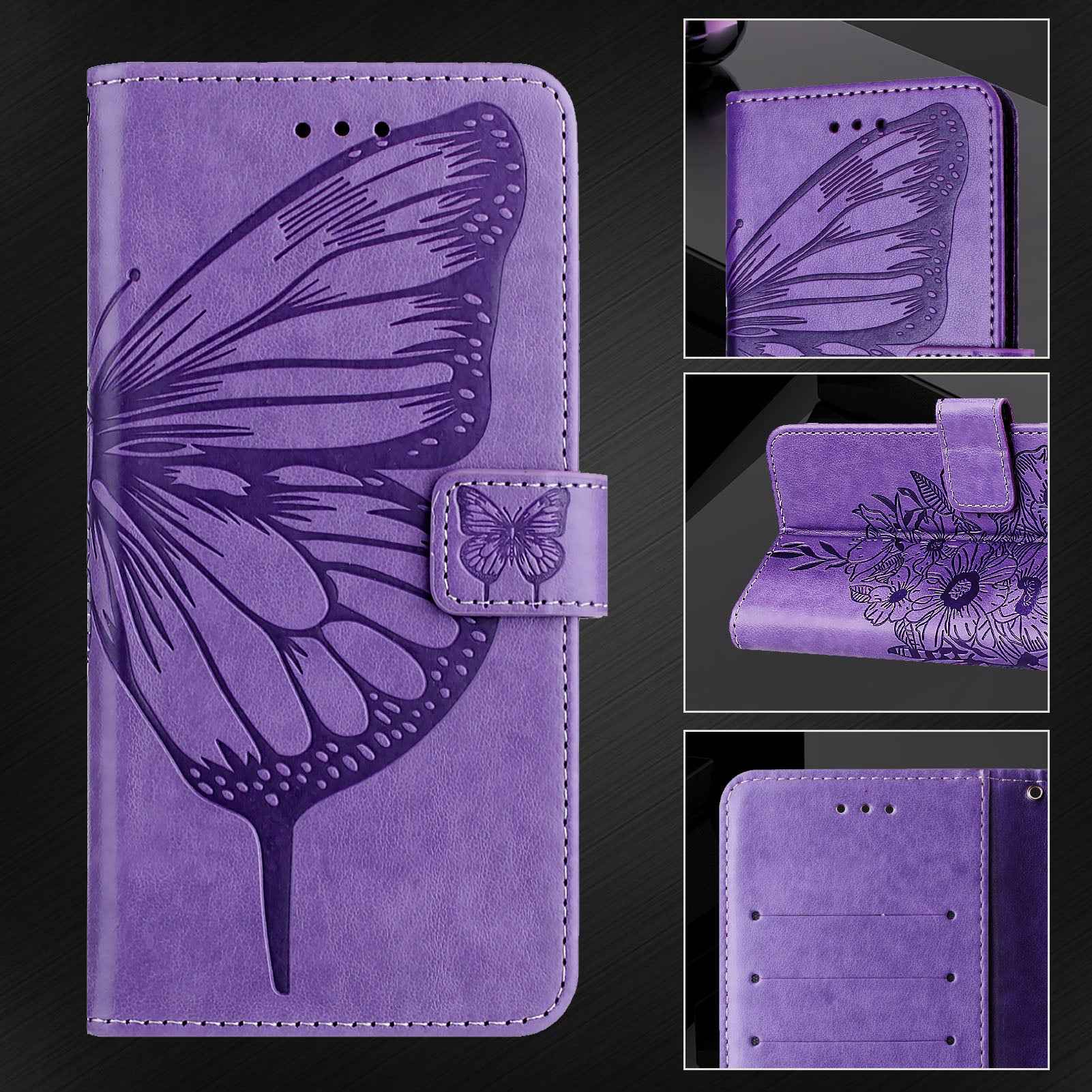 For Samsung Galaxy A57 5G Wallet Case with Wrist Strap Butterfly Imprint Leather Phone Cover - Purple
