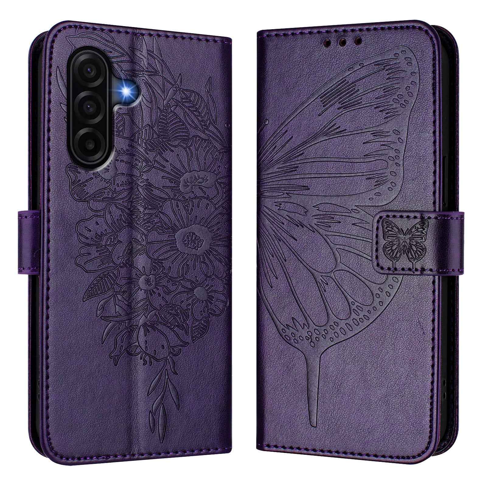 For Samsung Galaxy A57 5G Wallet Case with Wrist Strap Butterfly Imprint Leather Phone Cover - Dark Purple
