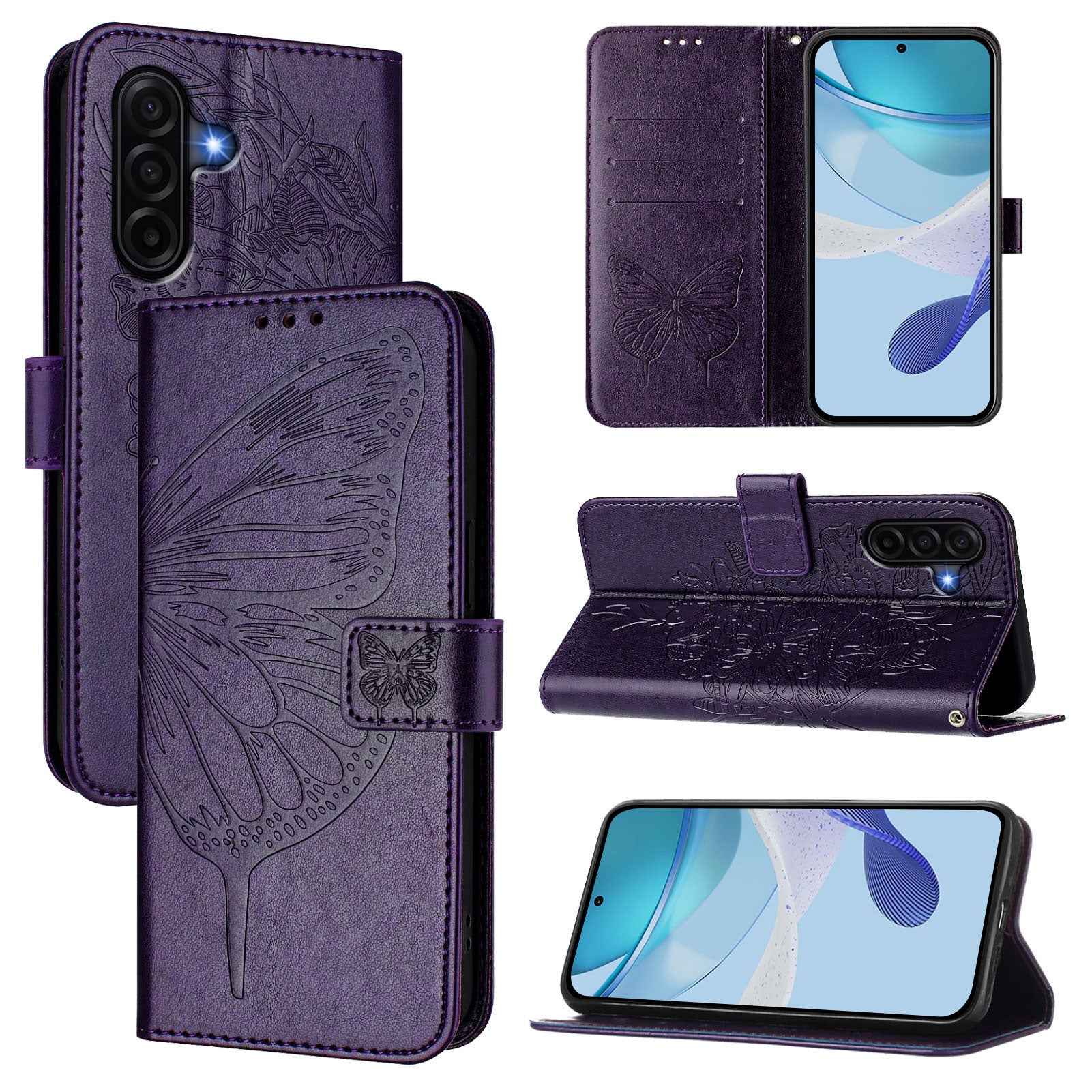 For Samsung Galaxy A57 5G Wallet Case with Wrist Strap Butterfly Imprint Leather Phone Cover - Dark Purple
