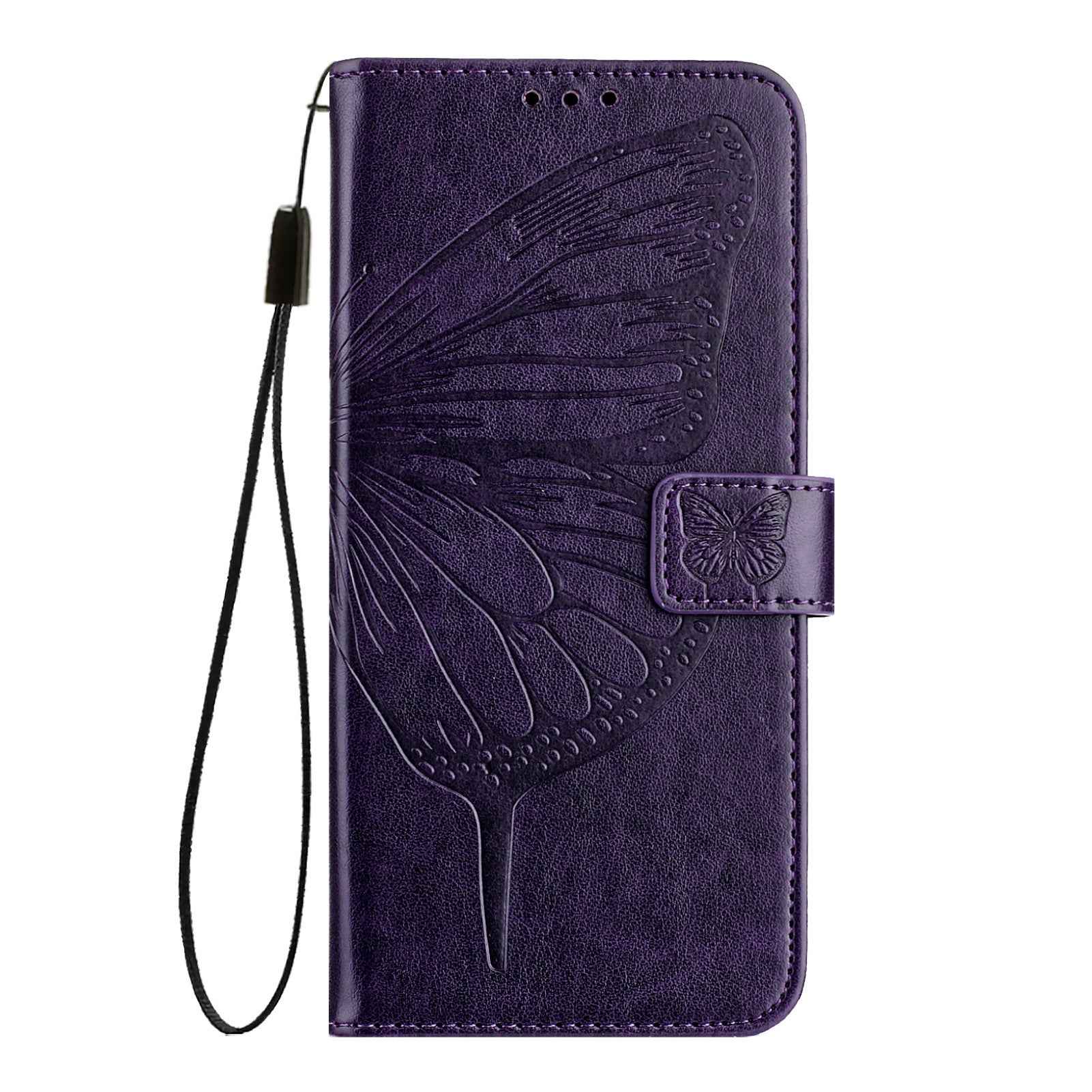 For Samsung Galaxy A57 5G Wallet Case with Wrist Strap Butterfly Imprint Leather Phone Cover - Dark Purple