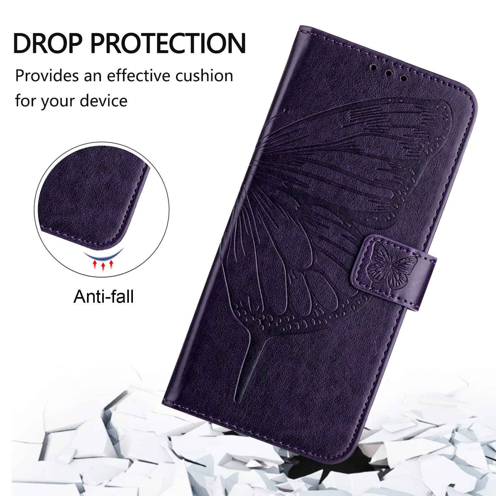 For Samsung Galaxy A57 5G Wallet Case with Wrist Strap Butterfly Imprint Leather Phone Cover - Dark Purple