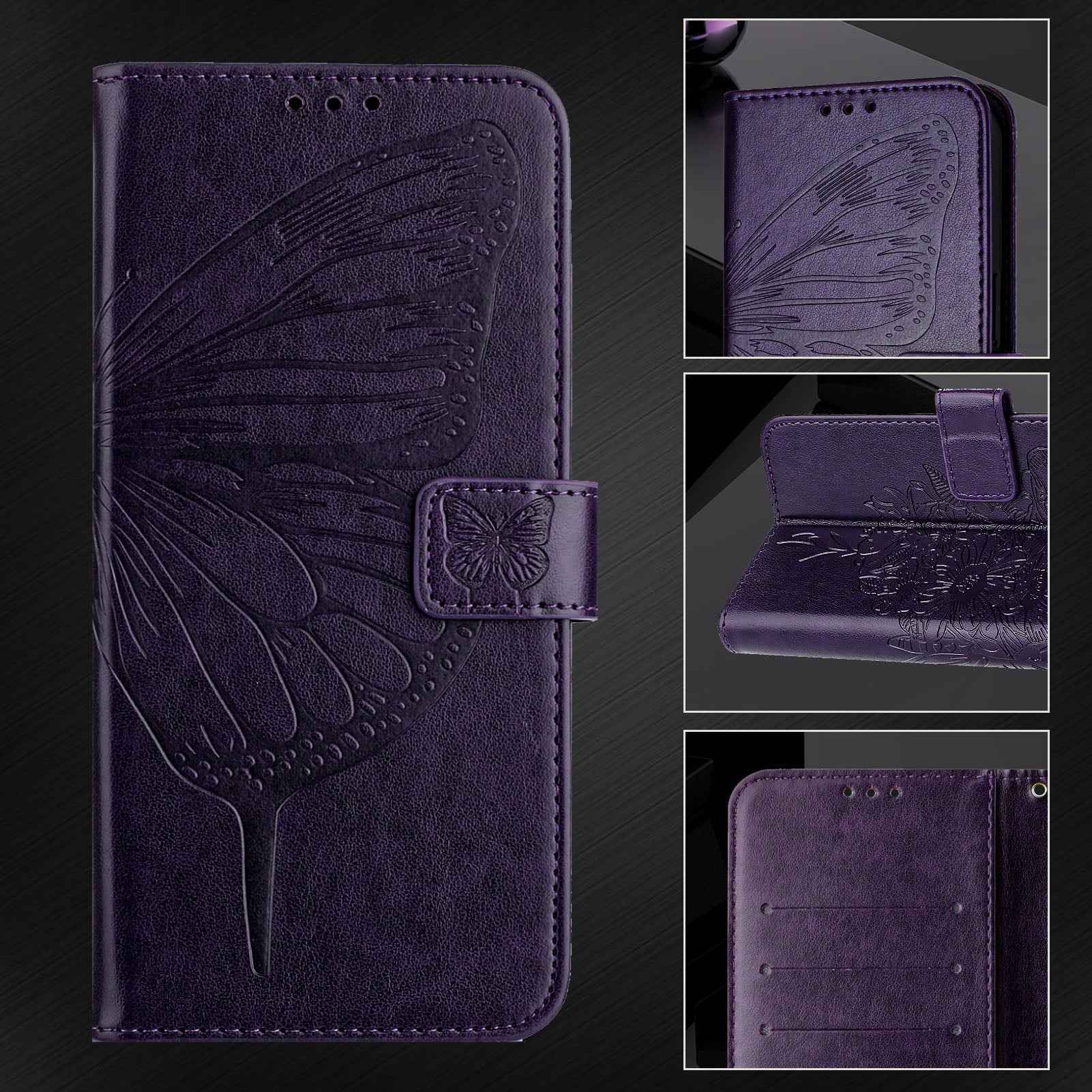 For Samsung Galaxy A57 5G Wallet Case with Wrist Strap Butterfly Imprint Leather Phone Cover - Dark Purple