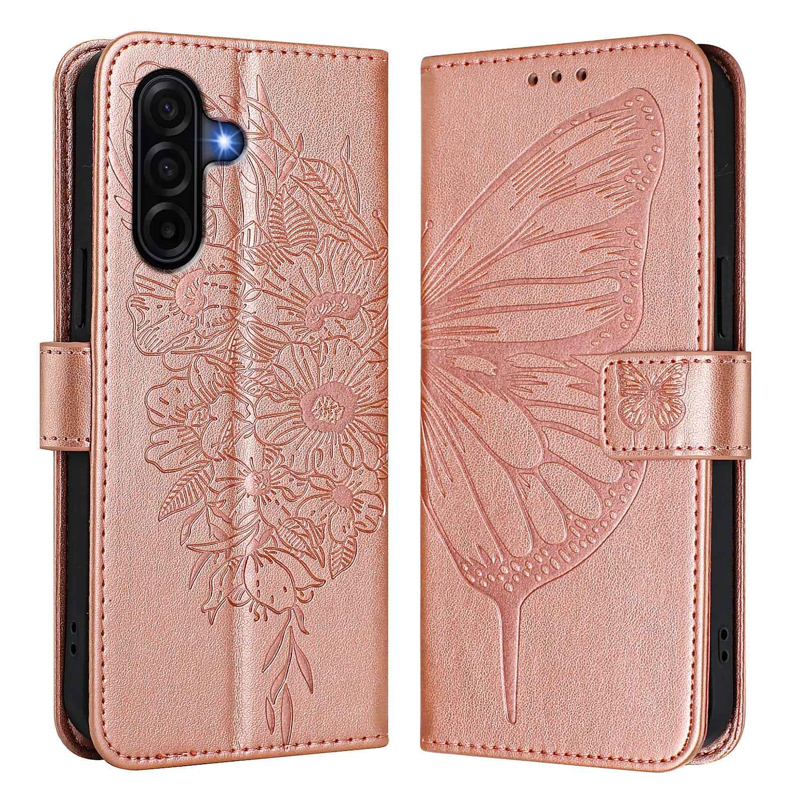 For Samsung Galaxy A57 5G Wallet Case with Wrist Strap Butterfly Imprint Leather Phone Cover - Rose Gold