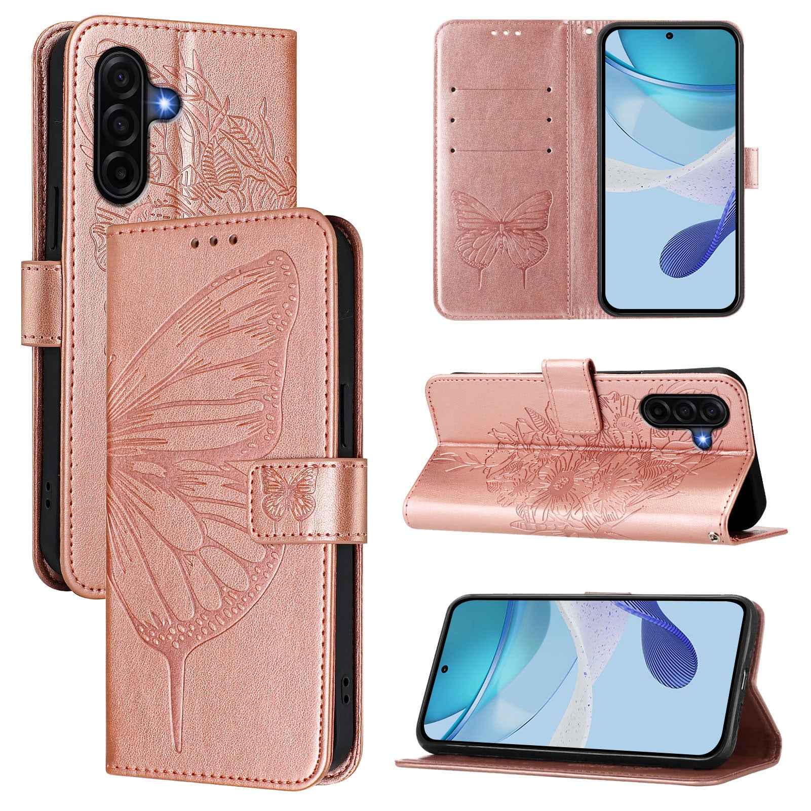 For Samsung Galaxy A57 5G Wallet Case with Wrist Strap Butterfly Imprint Leather Phone Cover - Rose Gold