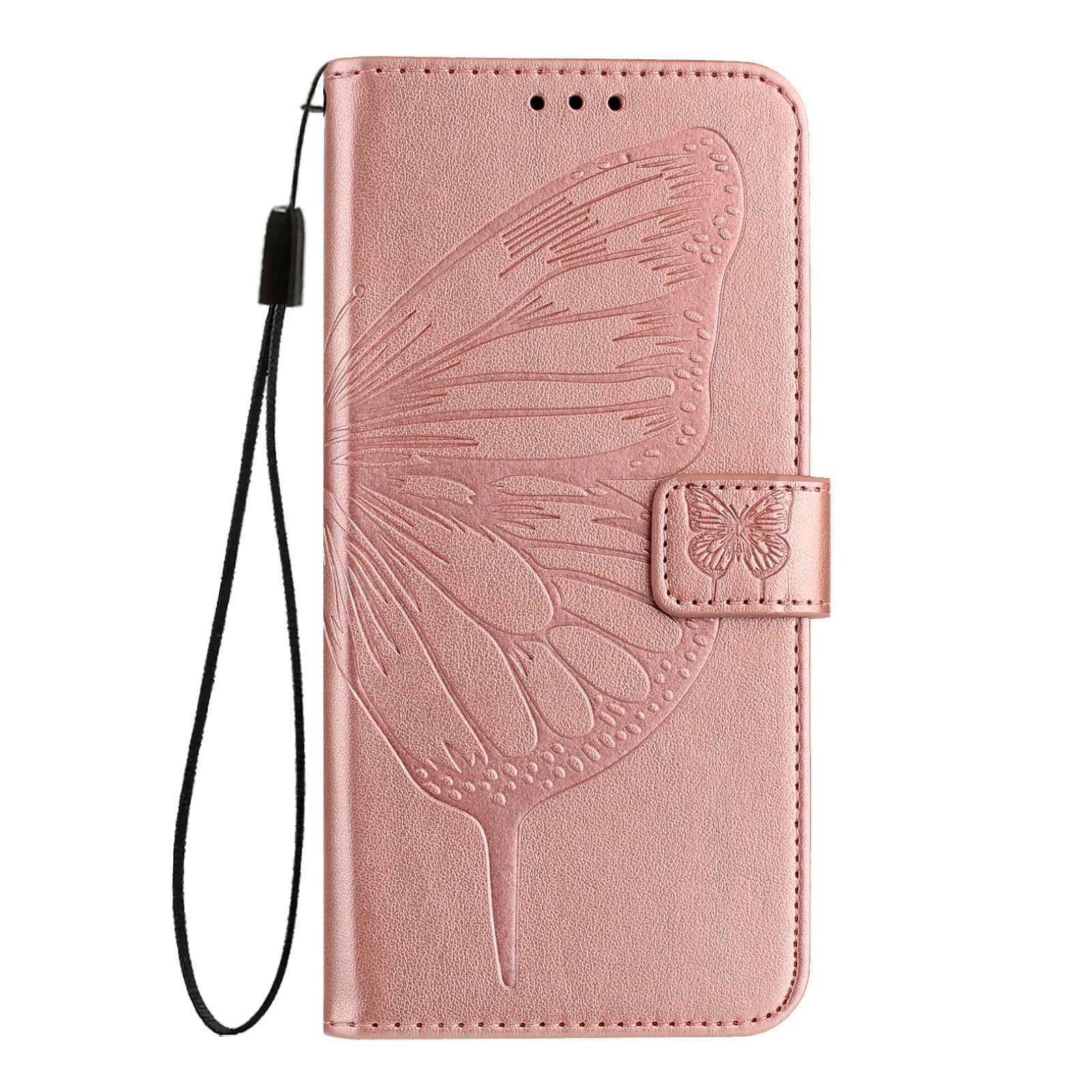 For Samsung Galaxy A57 5G Wallet Case with Wrist Strap Butterfly Imprint Leather Phone Cover - Rose Gold