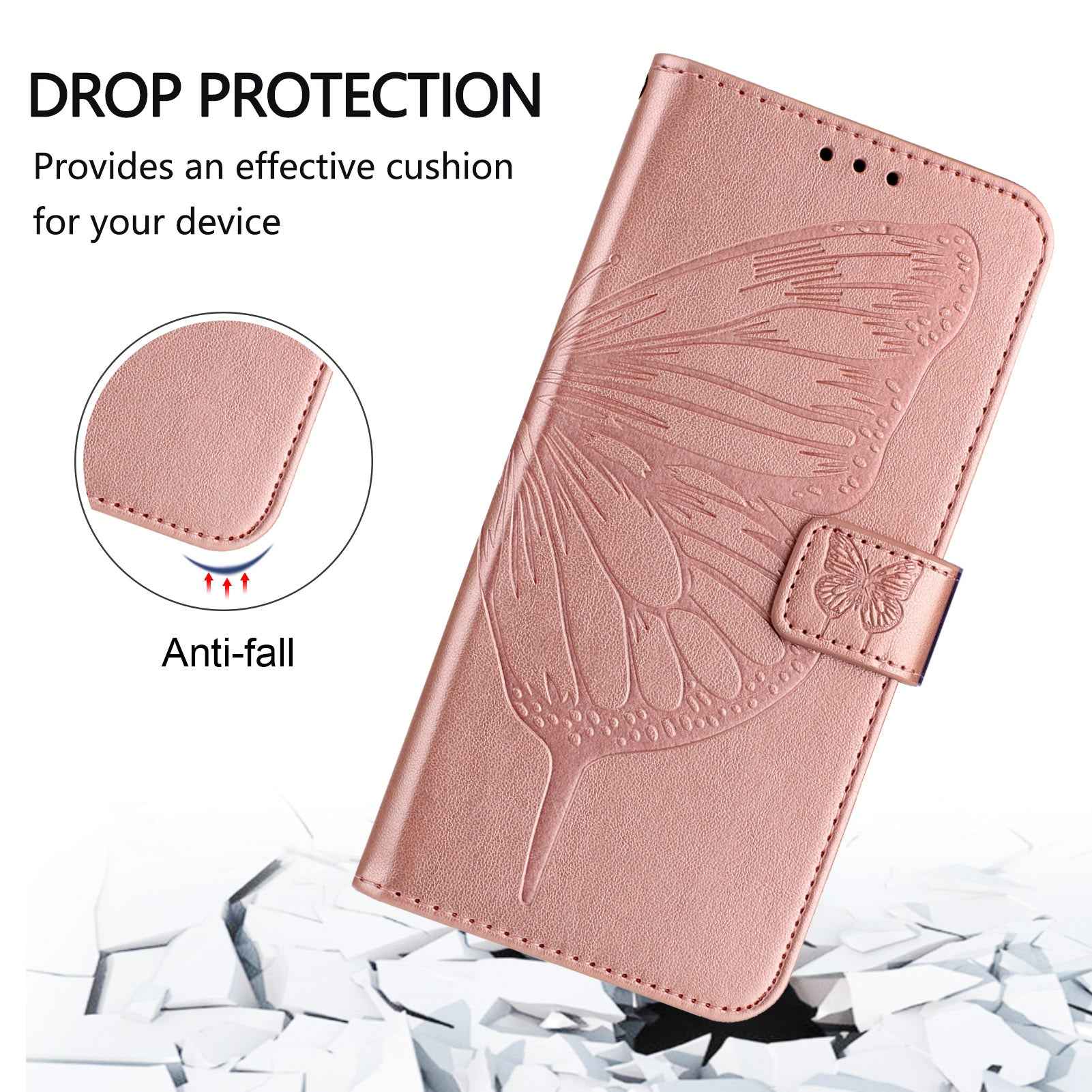 For Samsung Galaxy A57 5G Wallet Case with Wrist Strap Butterfly Imprint Leather Phone Cover - Rose Gold