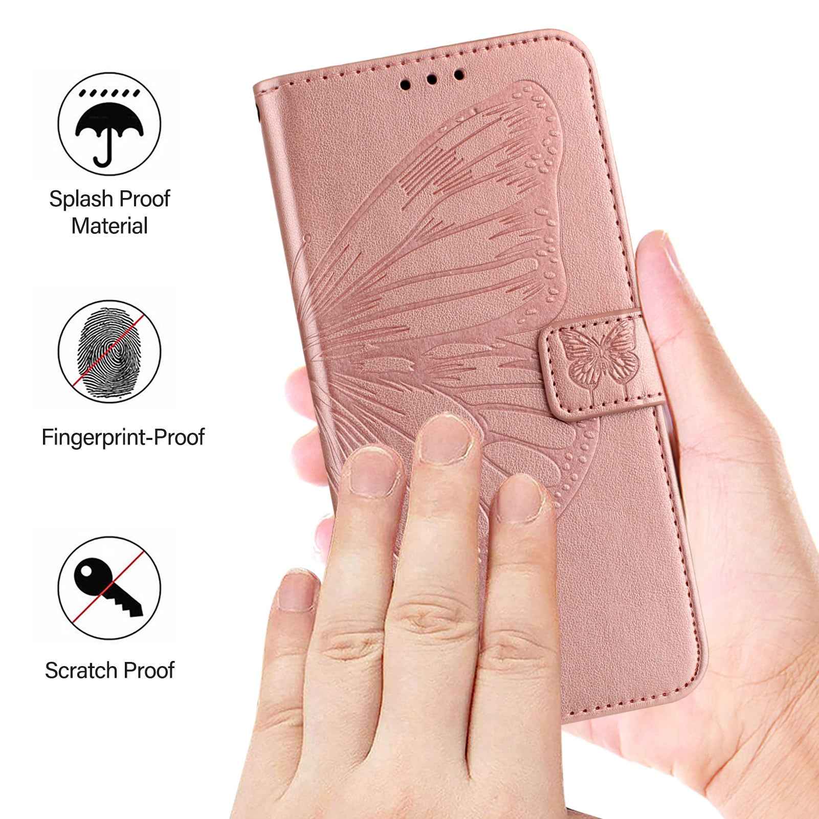 For Samsung Galaxy A57 5G Wallet Case with Wrist Strap Butterfly Imprint Leather Phone Cover - Rose Gold