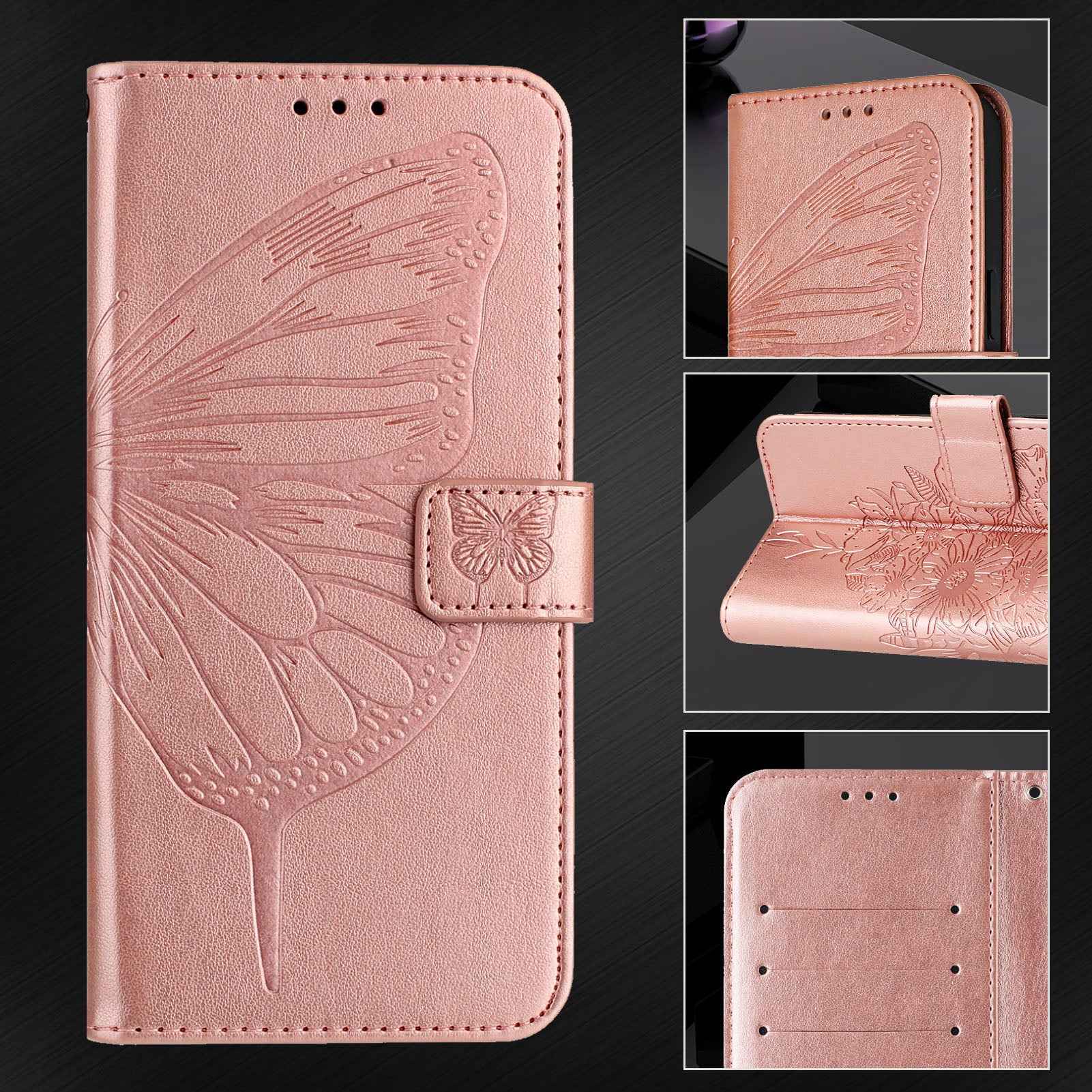 For Samsung Galaxy A57 5G Wallet Case with Wrist Strap Butterfly Imprint Leather Phone Cover - Rose Gold