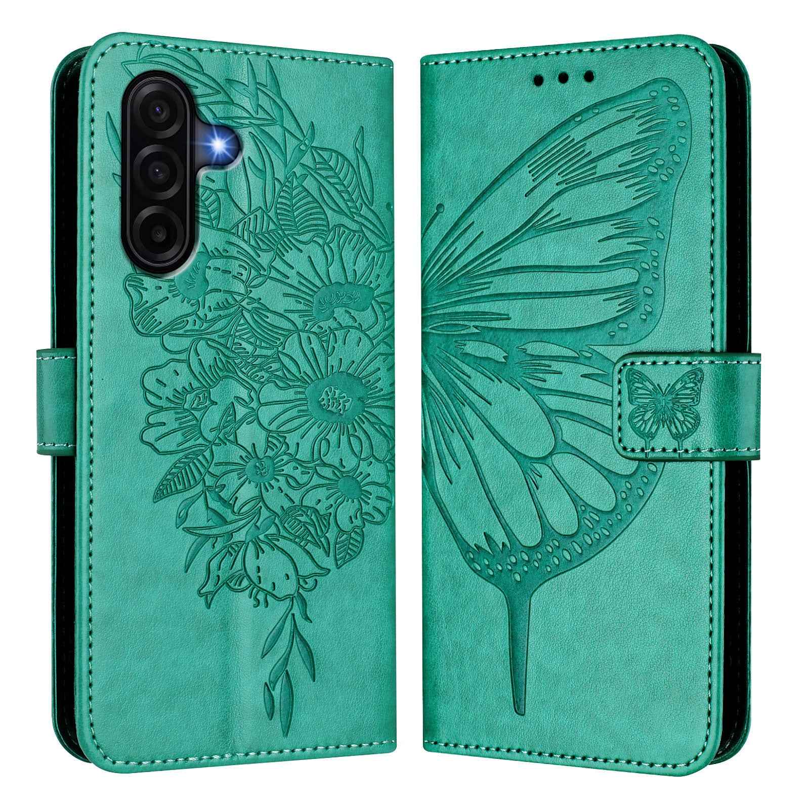 For Samsung Galaxy A57 5G Wallet Case with Wrist Strap Butterfly Imprint Leather Phone Cover - Green
