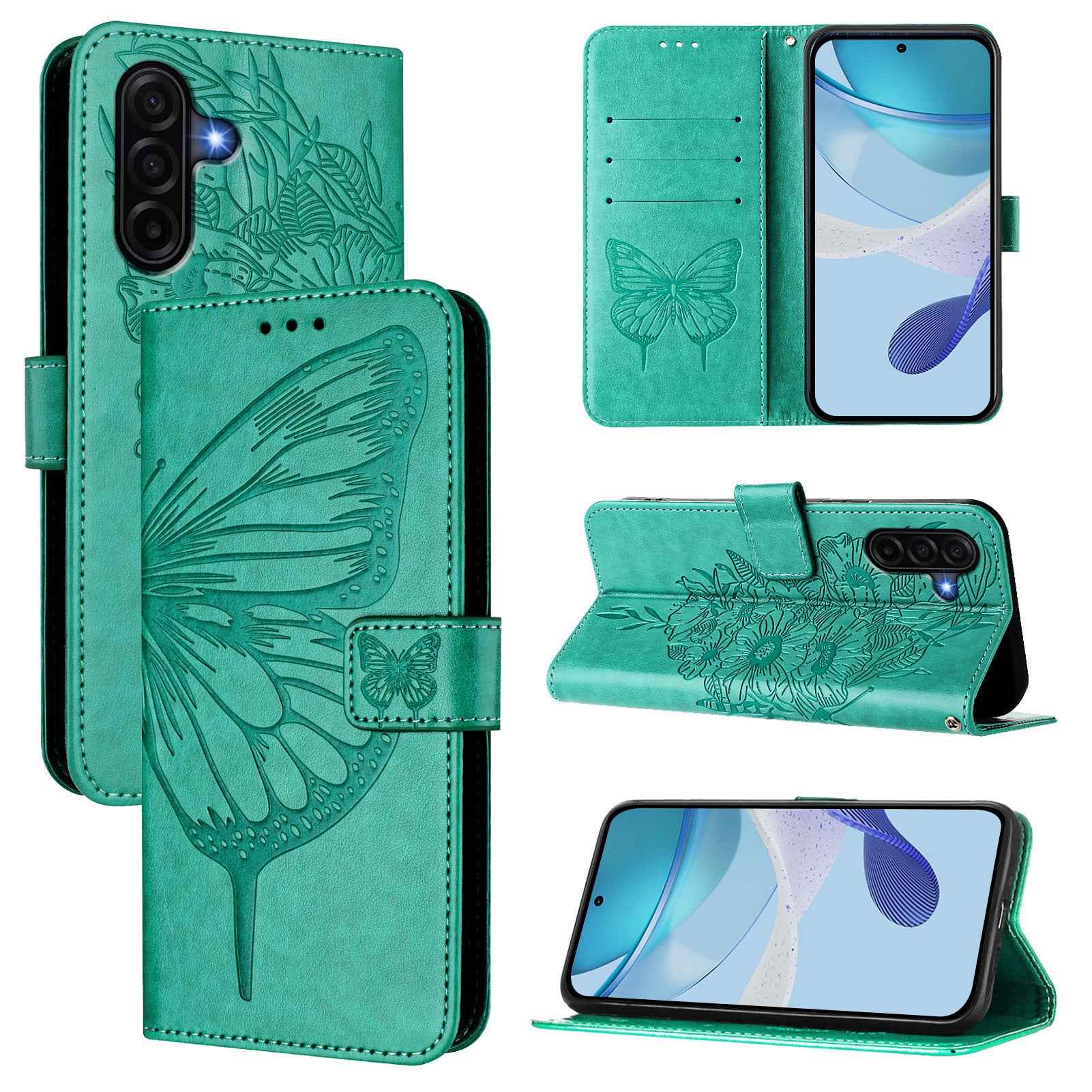 For Samsung Galaxy A57 5G Wallet Case with Wrist Strap Butterfly Imprint Leather Phone Cover - Green