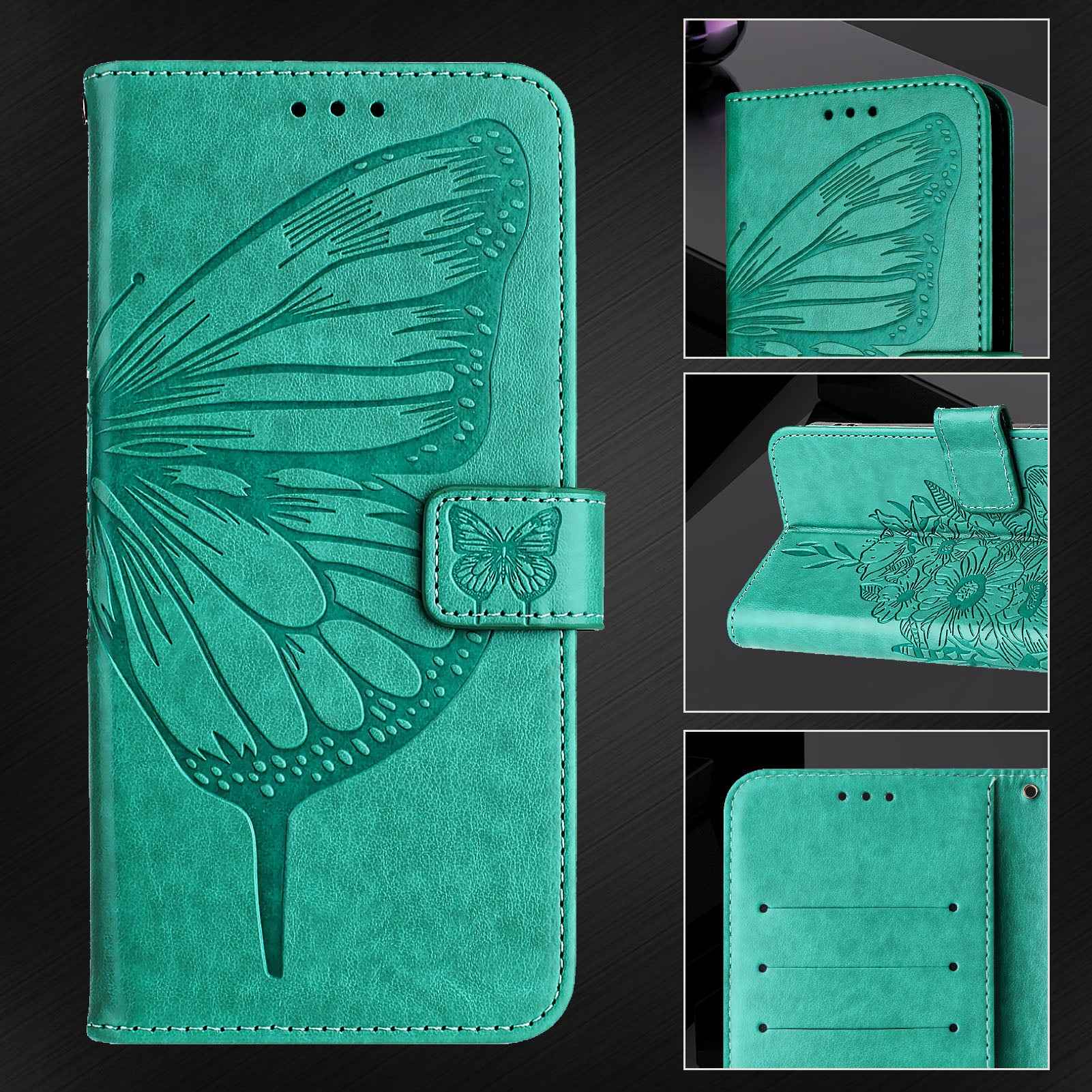 For Samsung Galaxy A57 5G Wallet Case with Wrist Strap Butterfly Imprint Leather Phone Cover - Green