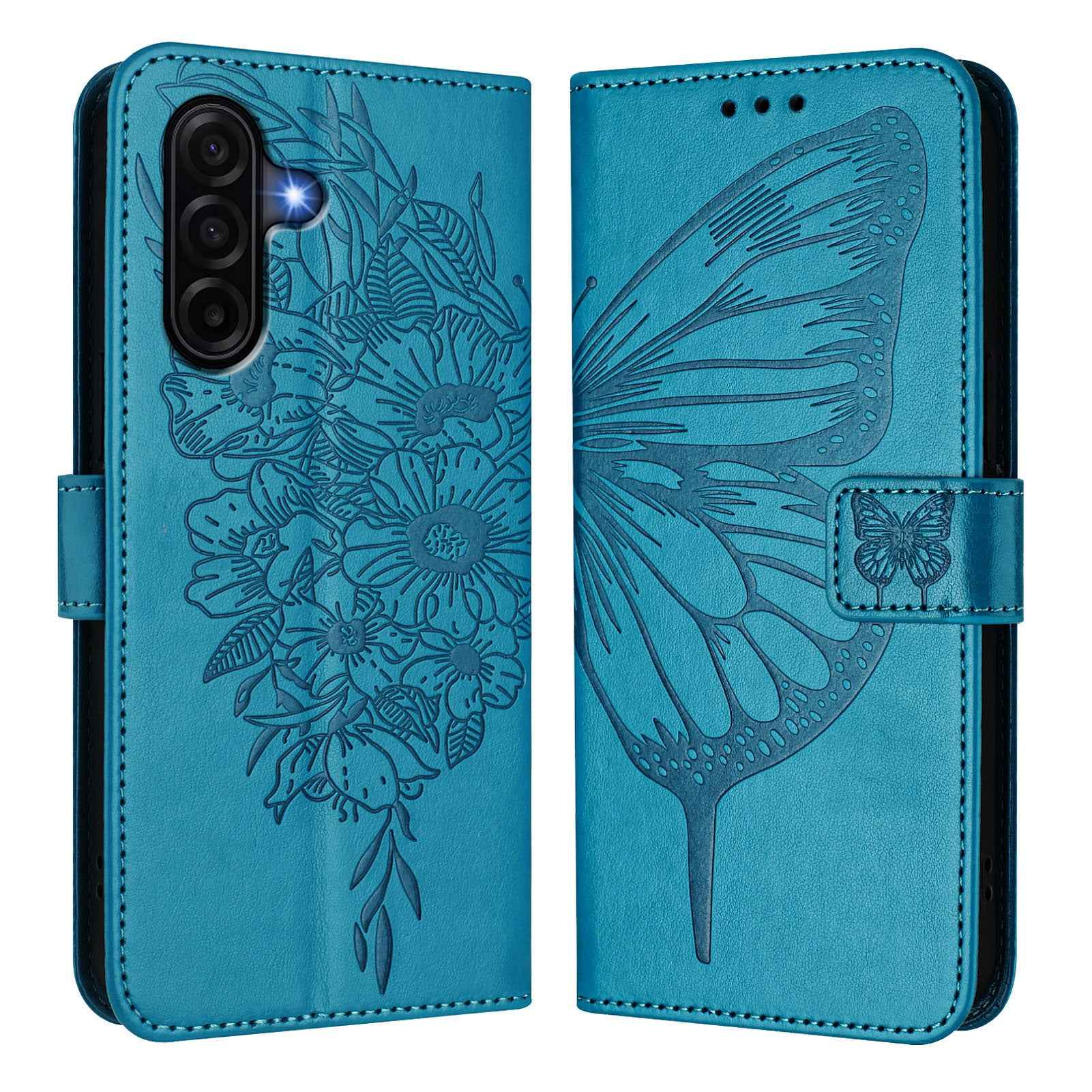 For Samsung Galaxy A57 5G Wallet Case with Wrist Strap Butterfly Imprint Leather Phone Cover - Blue
