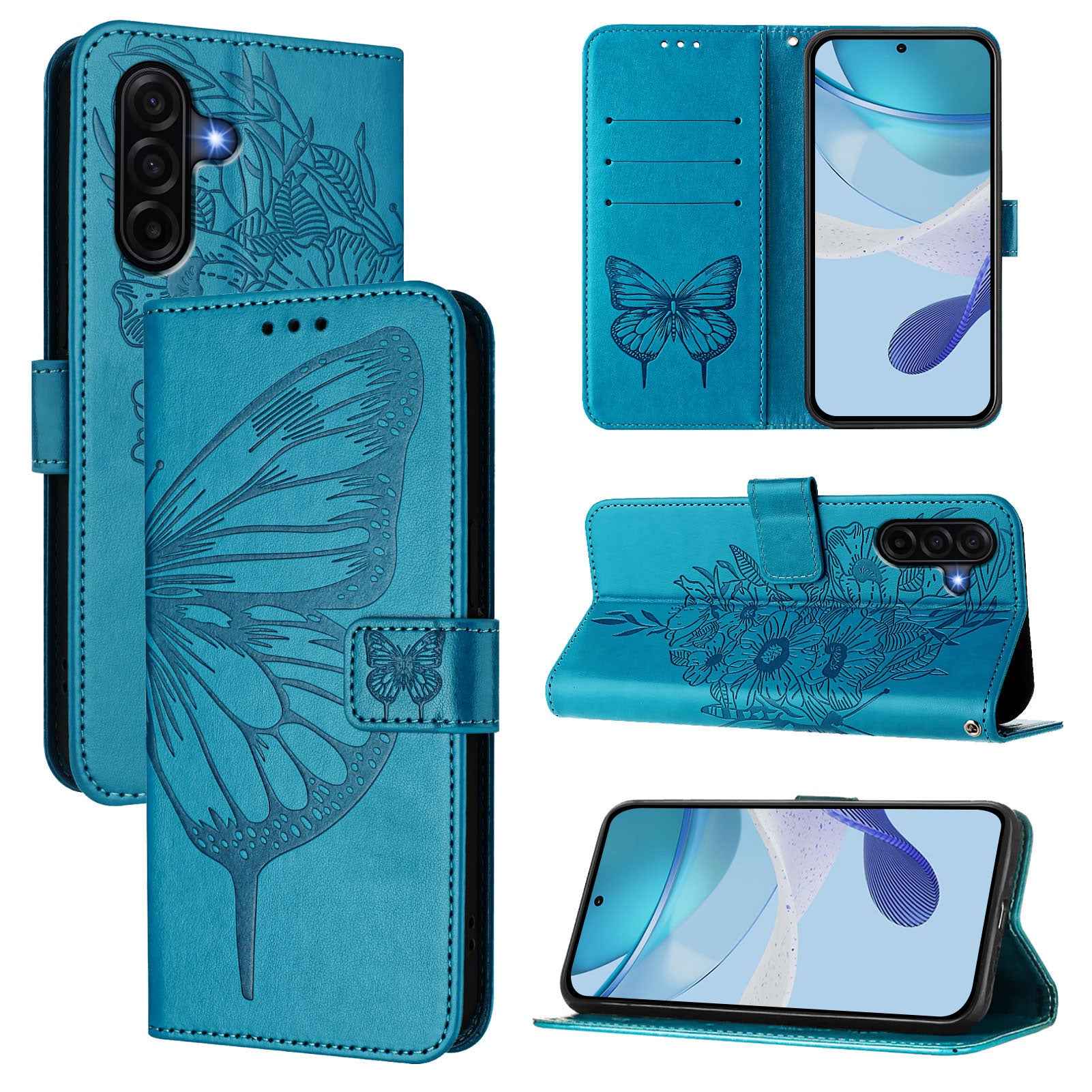 For Samsung Galaxy A57 5G Wallet Case with Wrist Strap Butterfly Imprint Leather Phone Cover - Blue