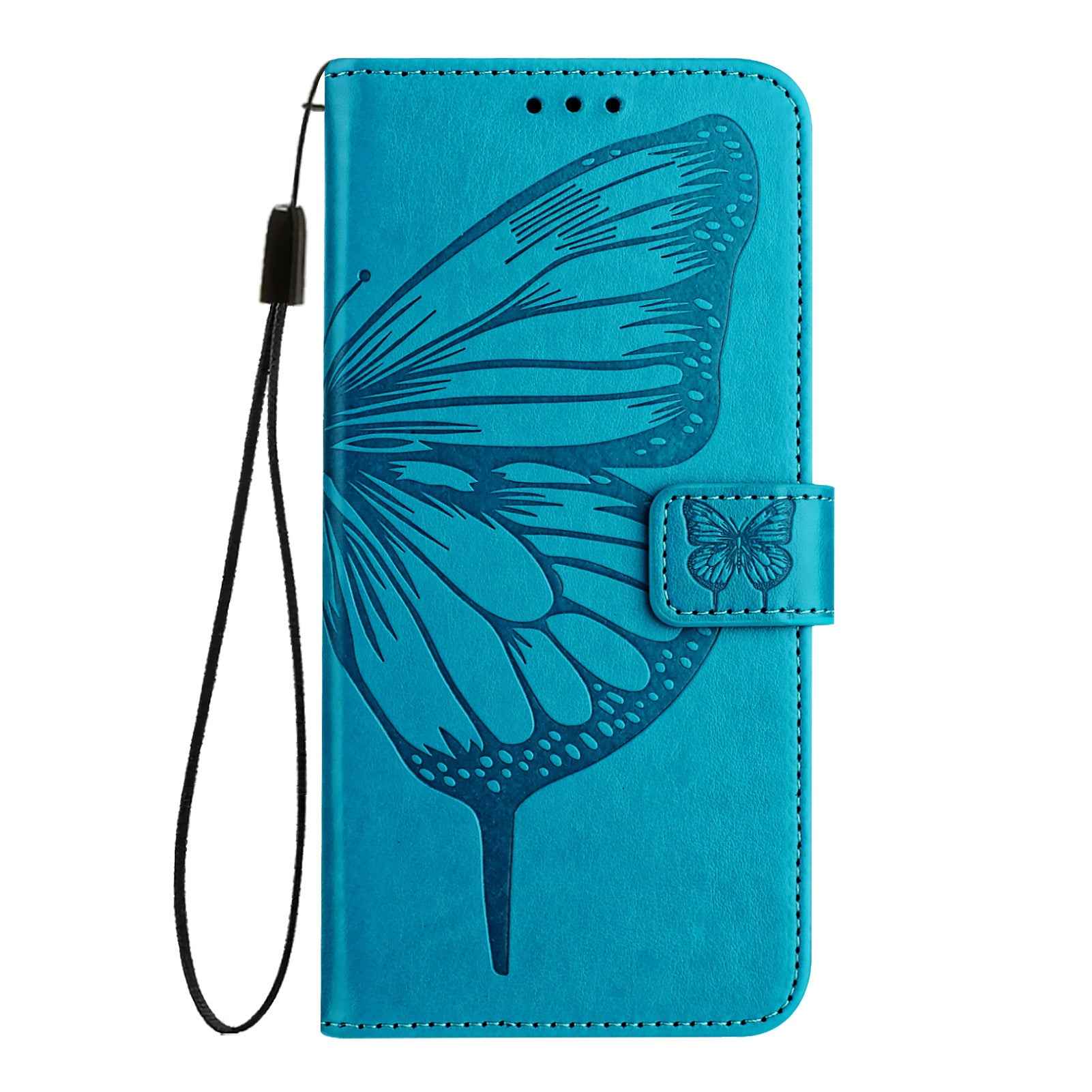 For Samsung Galaxy A57 5G Wallet Case with Wrist Strap Butterfly Imprint Leather Phone Cover - Blue