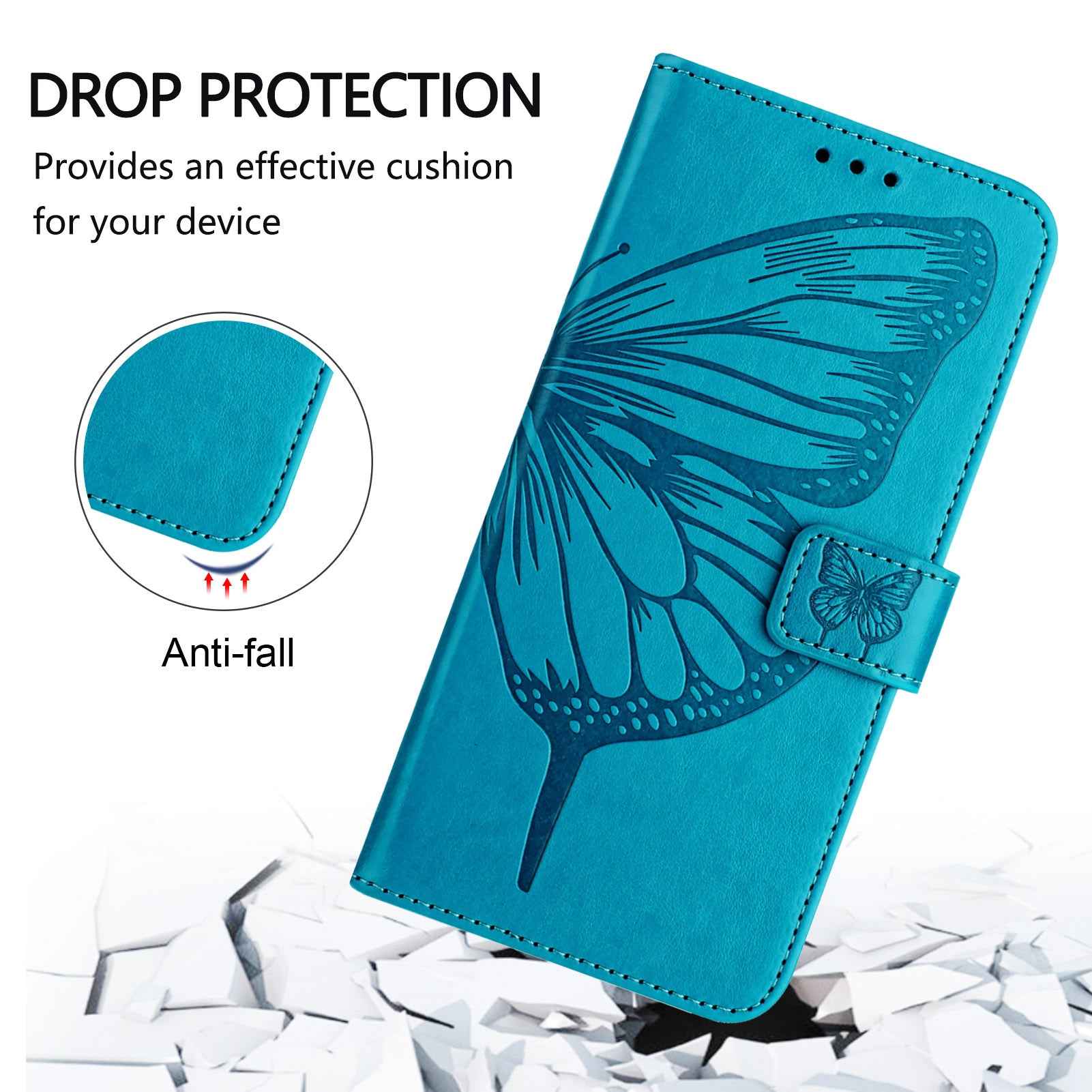 For Samsung Galaxy A57 5G Wallet Case with Wrist Strap Butterfly Imprint Leather Phone Cover - Blue