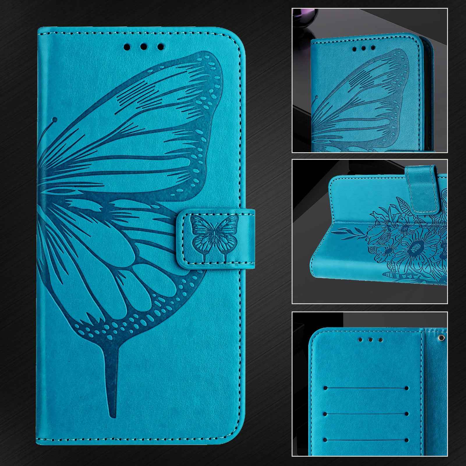 For Samsung Galaxy A57 5G Wallet Case with Wrist Strap Butterfly Imprint Leather Phone Cover - Blue