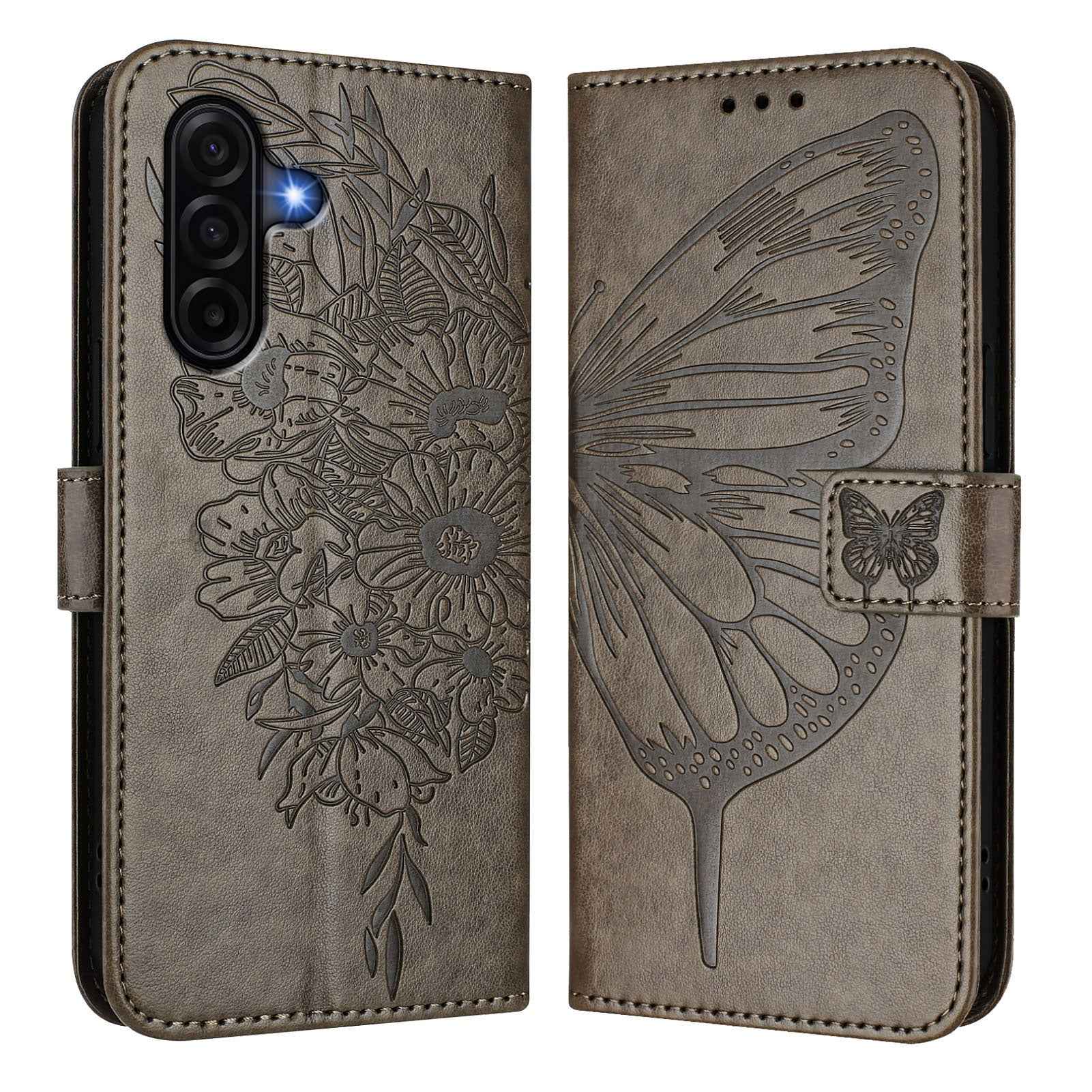 For Samsung Galaxy A57 5G Wallet Case with Wrist Strap Butterfly Imprint Leather Phone Cover - Grey