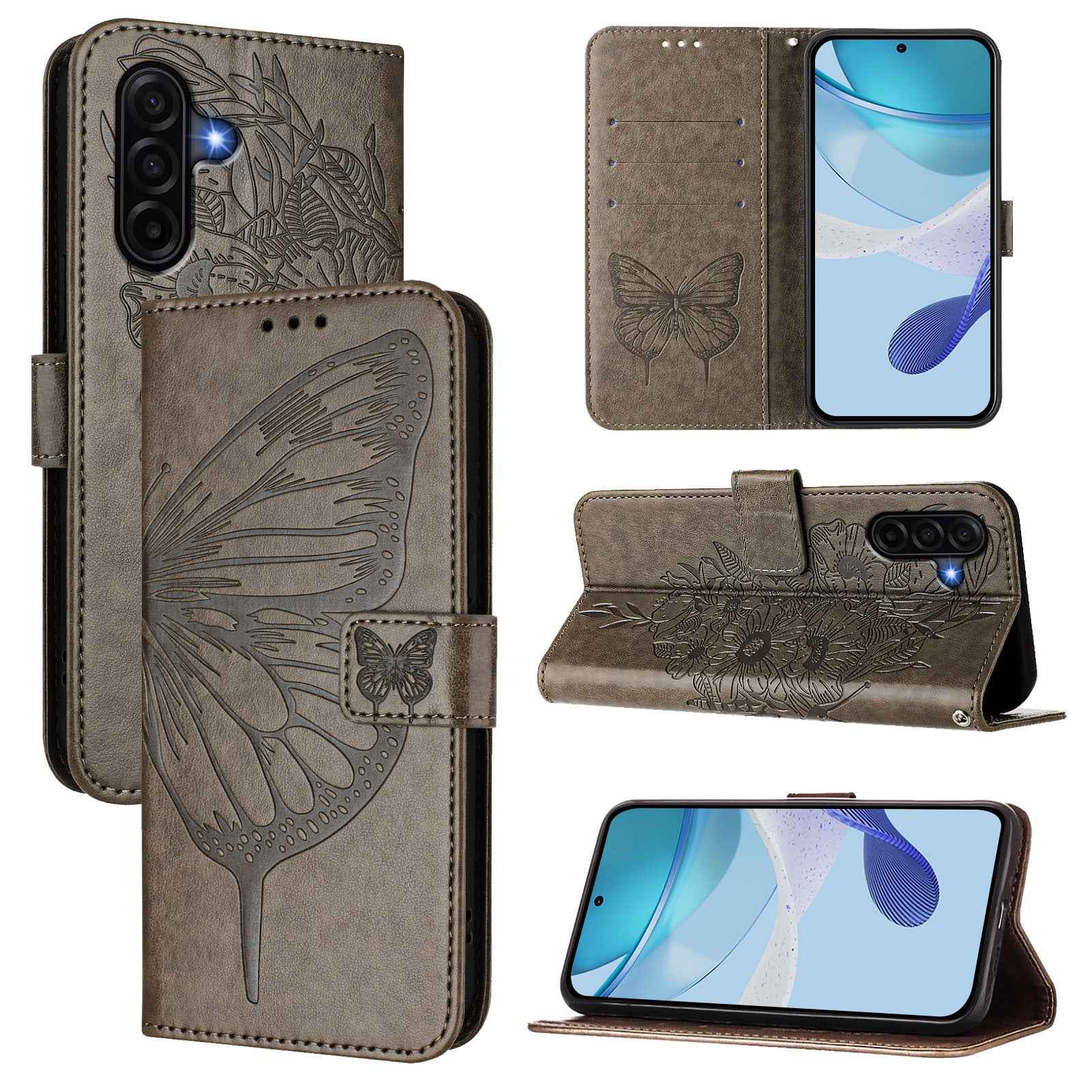 For Samsung Galaxy A57 5G Wallet Case with Wrist Strap Butterfly Imprint Leather Phone Cover - Grey