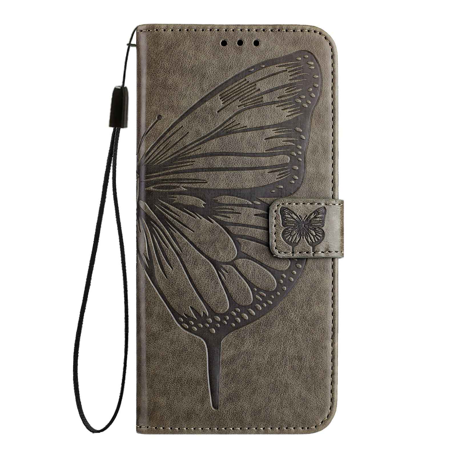 For Samsung Galaxy A57 5G Wallet Case with Wrist Strap Butterfly Imprint Leather Phone Cover - Grey