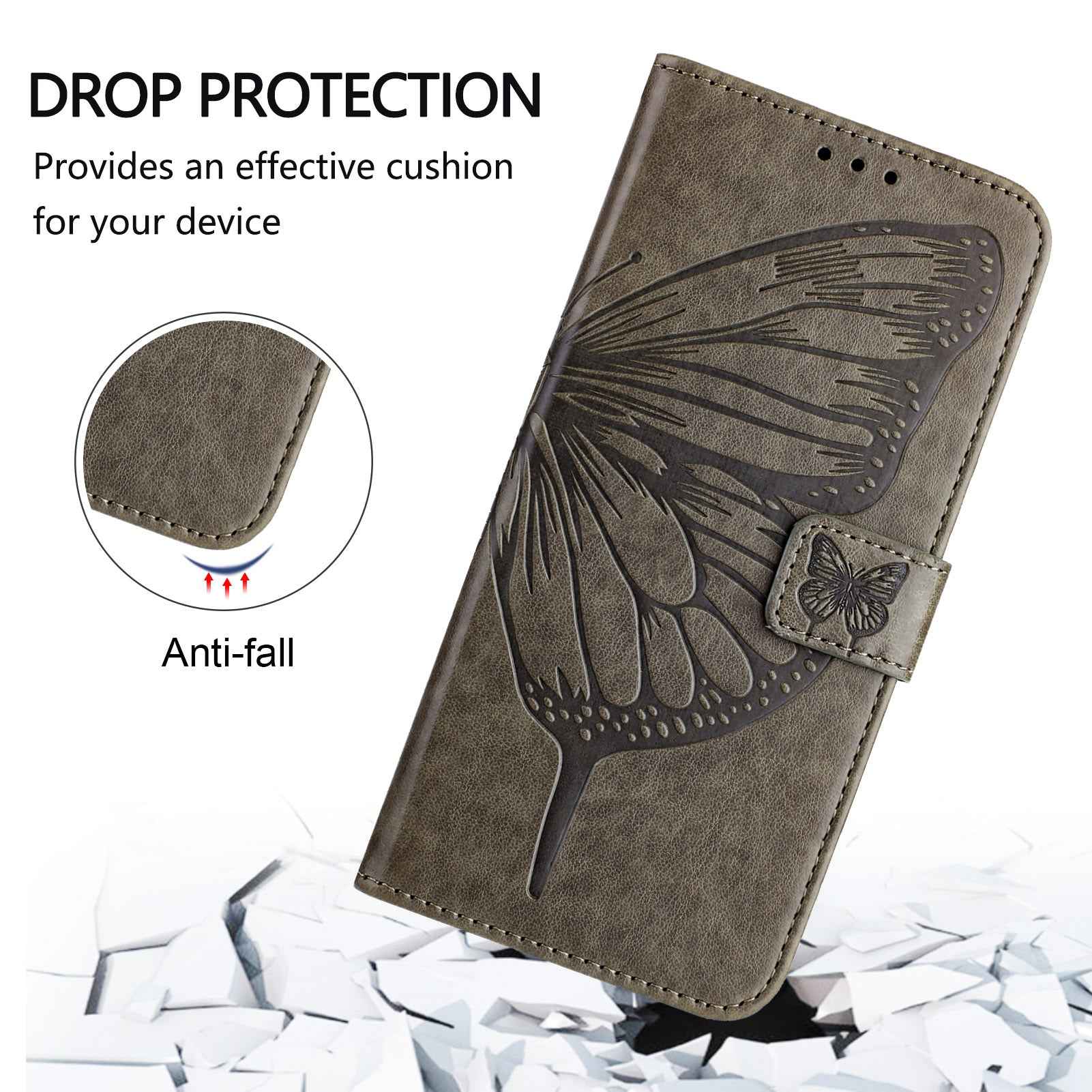 For Samsung Galaxy A57 5G Wallet Case with Wrist Strap Butterfly Imprint Leather Phone Cover - Grey