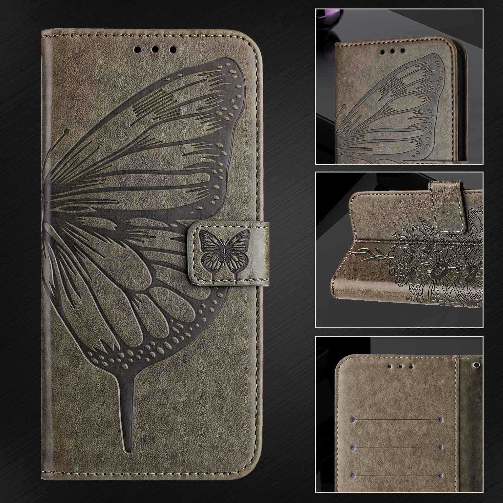 For Samsung Galaxy A57 5G Wallet Case with Wrist Strap Butterfly Imprint Leather Phone Cover - Grey