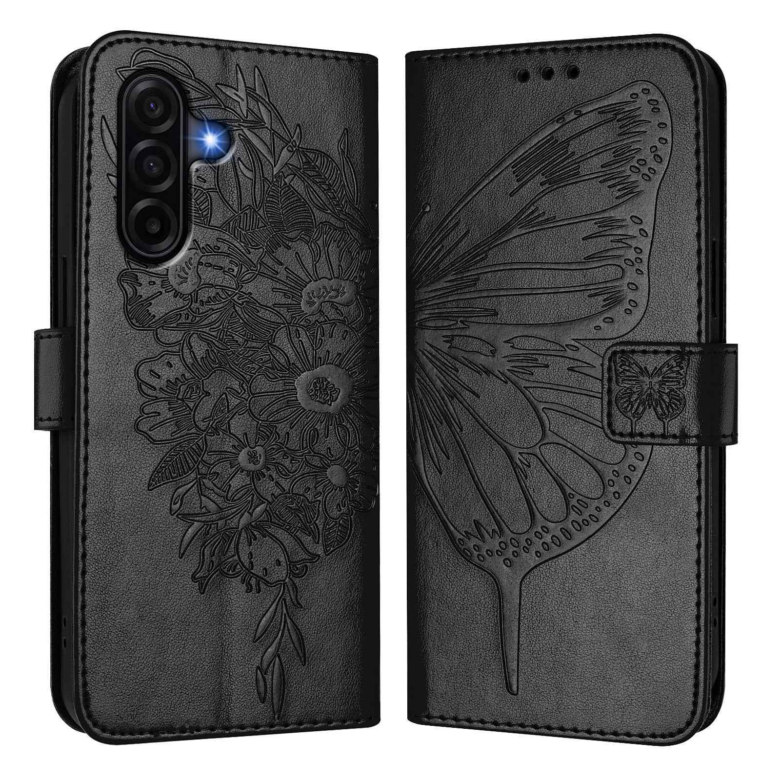 For Samsung Galaxy A57 5G Wallet Case with Wrist Strap Butterfly Imprint Leather Phone Cover - Black