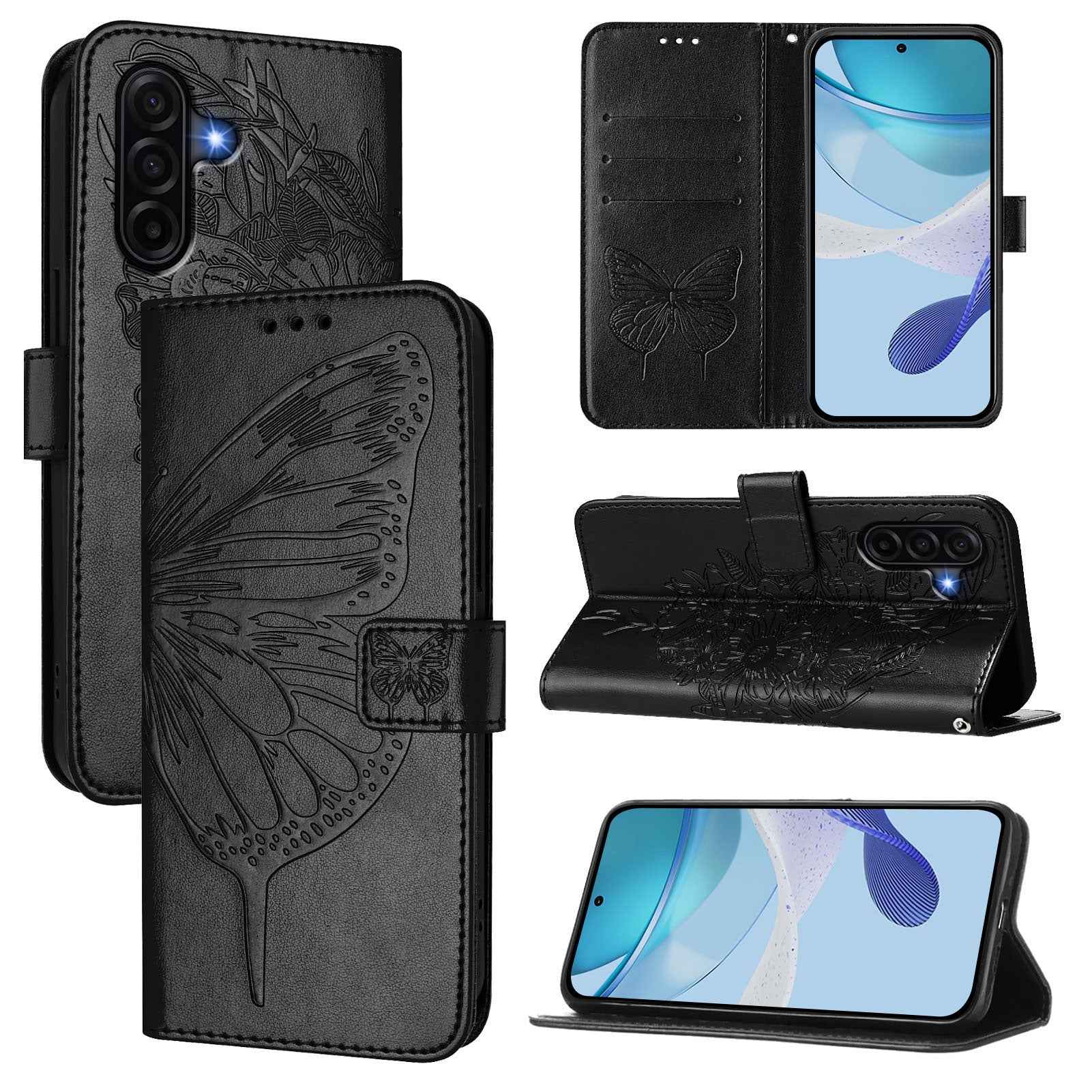 For Samsung Galaxy A57 5G Wallet Case with Wrist Strap Butterfly Imprint Leather Phone Cover - Black