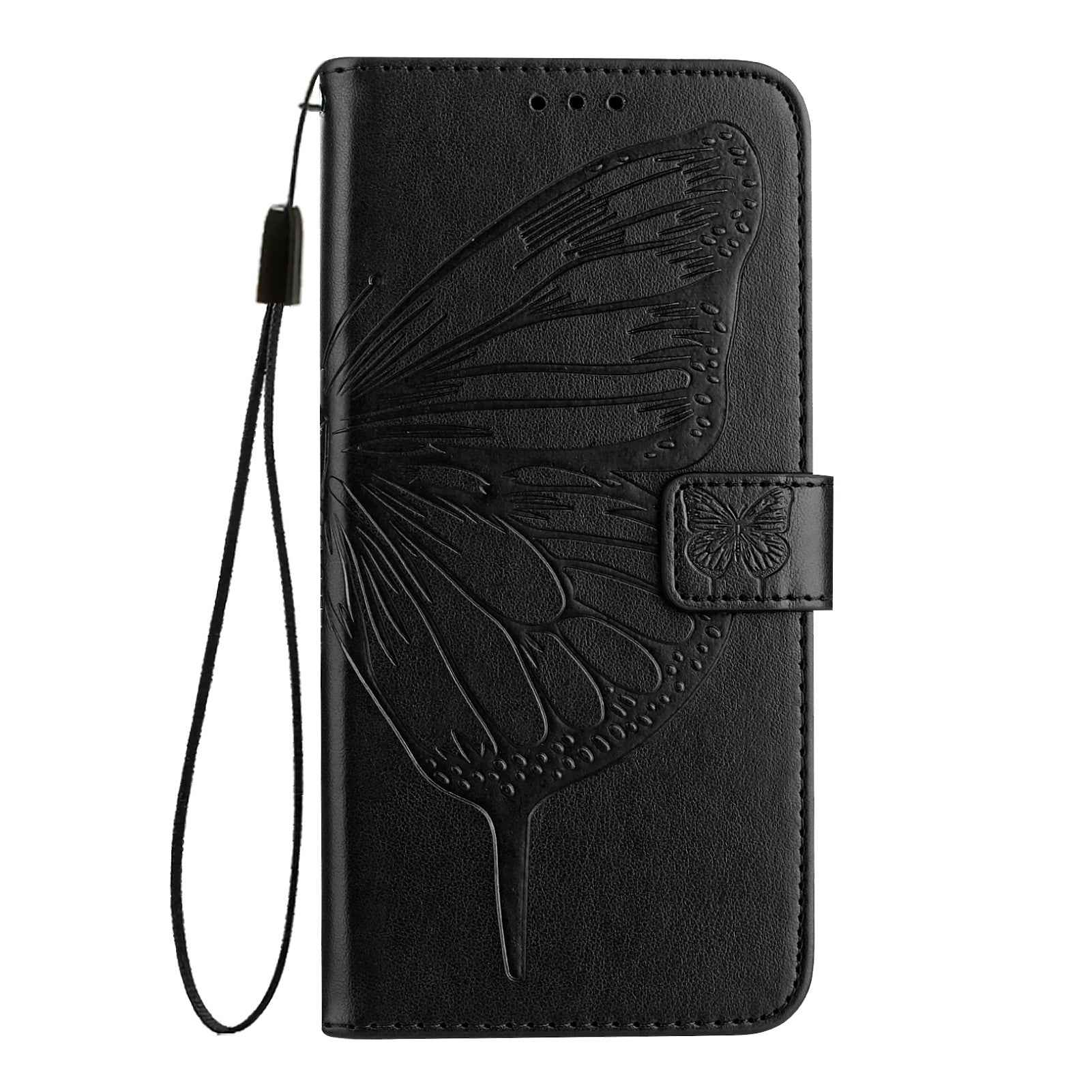 For Samsung Galaxy A57 5G Wallet Case with Wrist Strap Butterfly Imprint Leather Phone Cover - Black