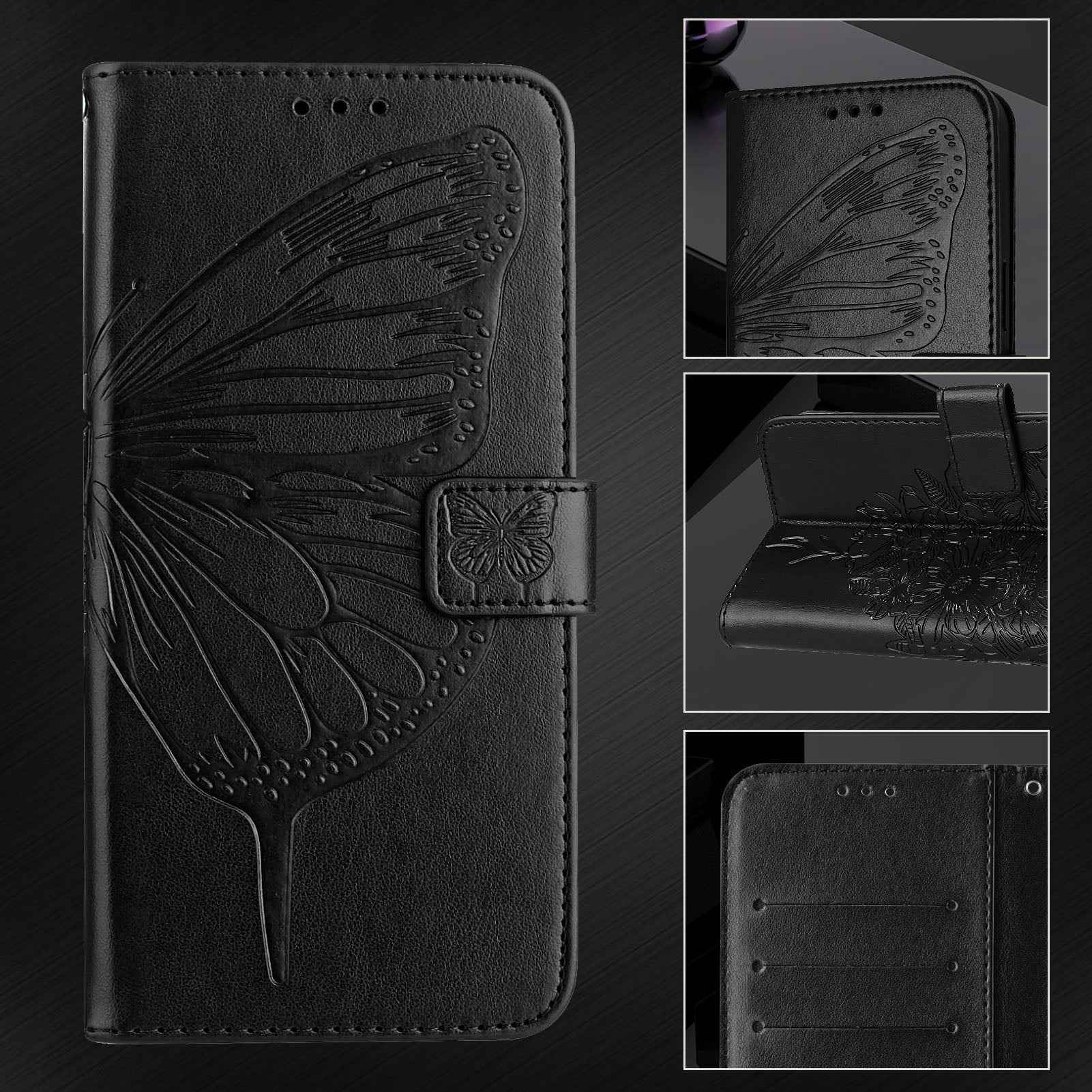 For Samsung Galaxy A57 5G Wallet Case with Wrist Strap Butterfly Imprint Leather Phone Cover - Black