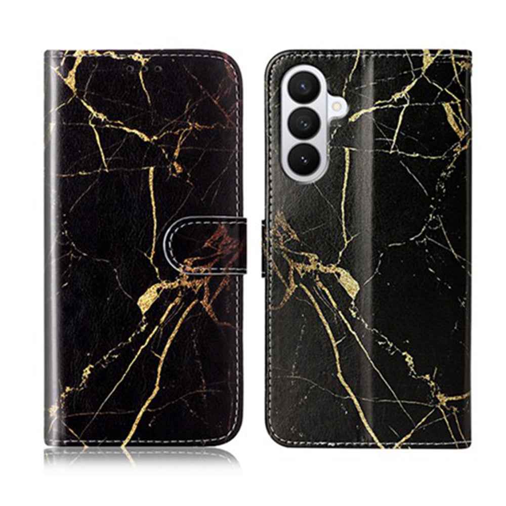 For Samsung Galaxy A57 5G Stand Case Marble Painted Folio Flip Leather Wallet Phone Cover - Black Gold Marble
