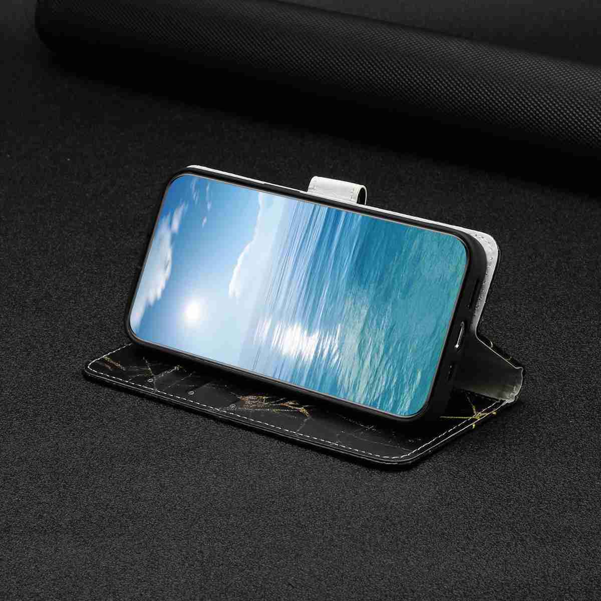 For Samsung Galaxy A57 5G Stand Case Marble Painted Folio Flip Leather Wallet Phone Cover - Black Gold Marble