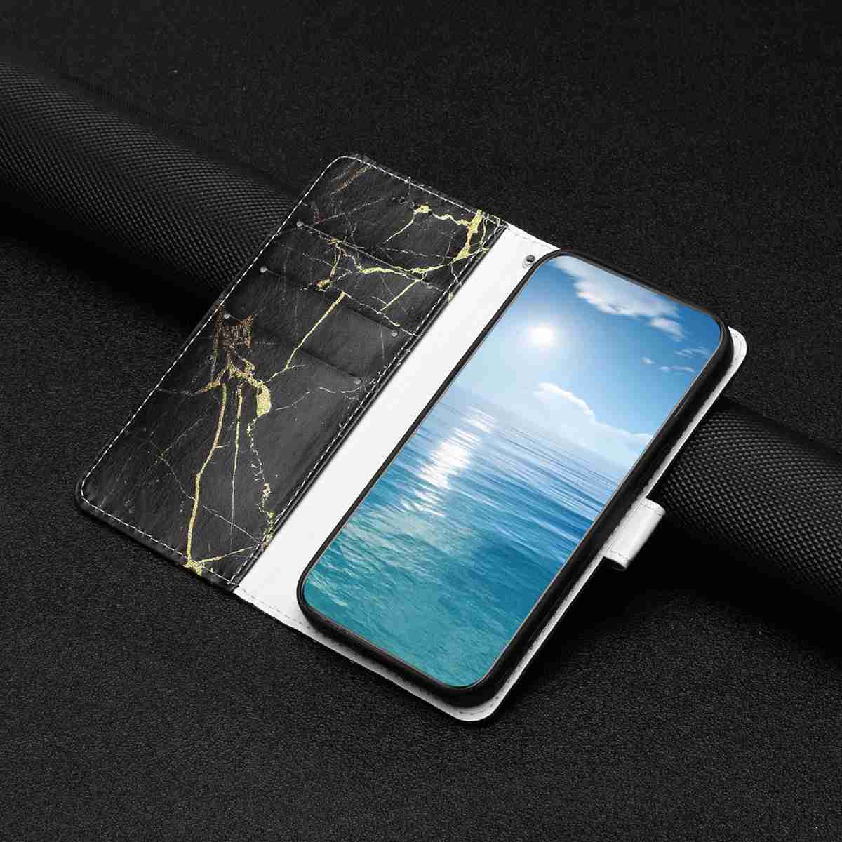 For Samsung Galaxy A57 5G Stand Case Marble Painted Folio Flip Leather Wallet Phone Cover - Black Gold Marble