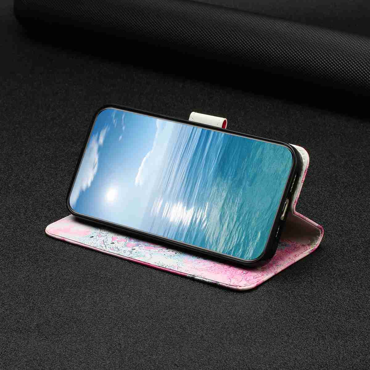 For Samsung Galaxy A57 5G Stand Case Marble Painted Folio Flip Leather Wallet Phone Cover - Pink Seawater Marble