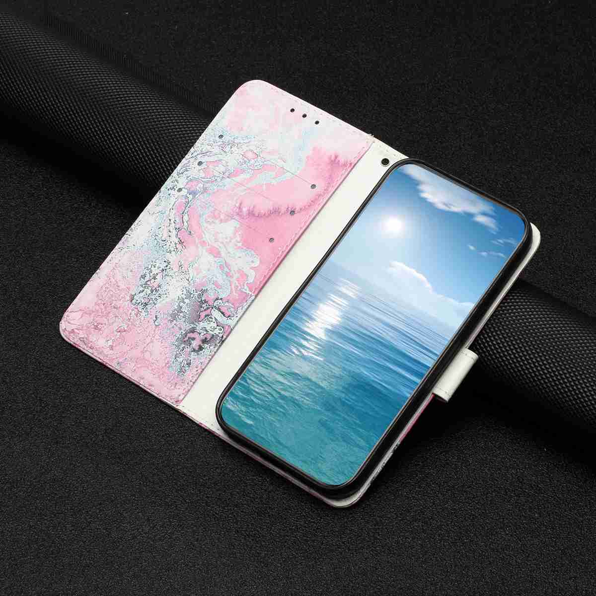 For Samsung Galaxy A57 5G Stand Case Marble Painted Folio Flip Leather Wallet Phone Cover - Pink Seawater Marble