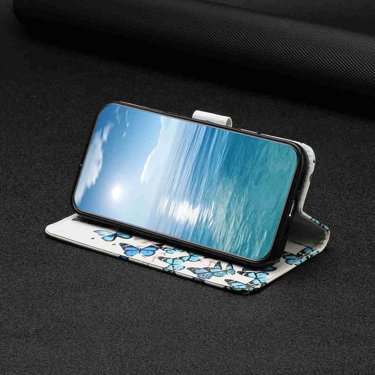 For Samsung Galaxy A57 5G Stand Case Marble Painted Folio Flip Leather Wallet Phone Cover - Blue Butterfly