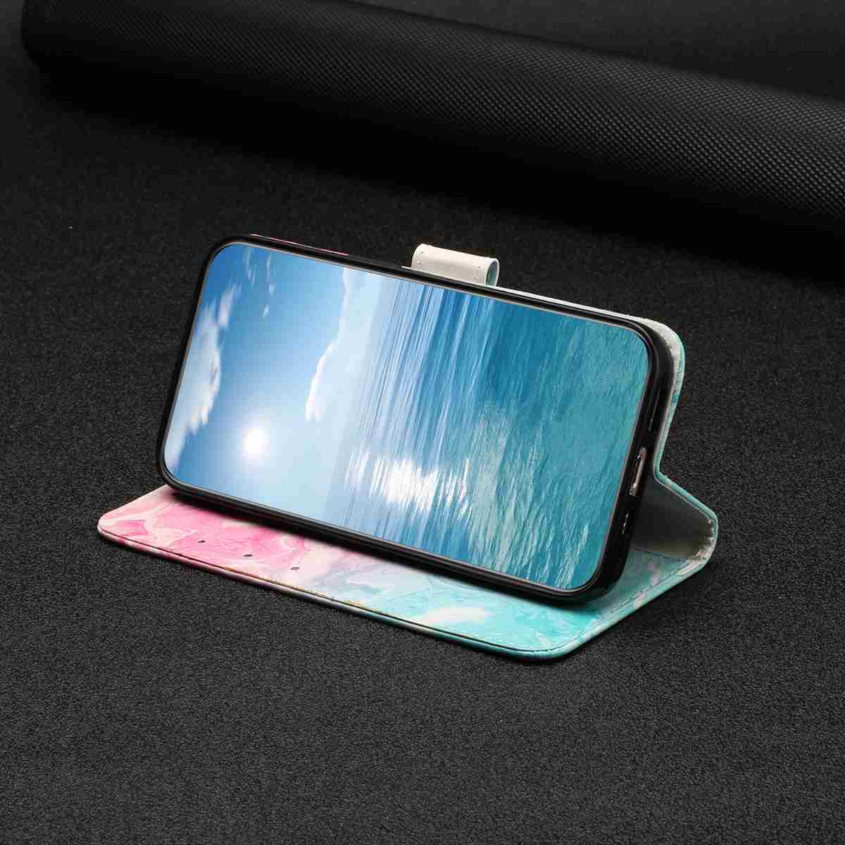 For Samsung Galaxy A57 5G Stand Case Marble Painted Folio Flip Leather Wallet Phone Cover - Pink Green Marble